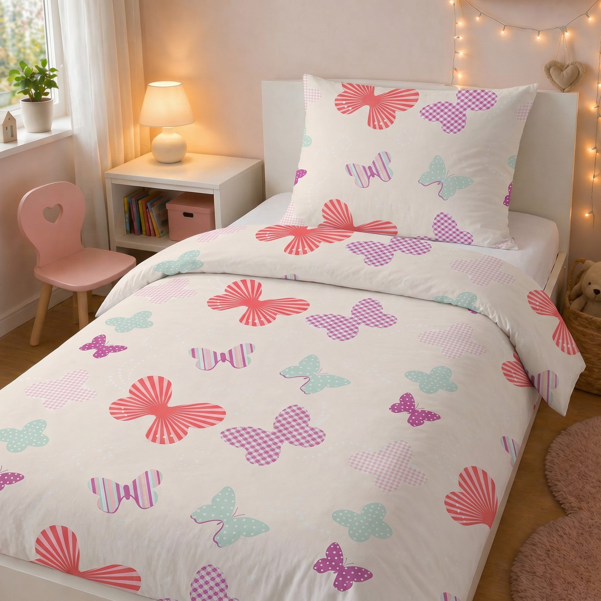 LINKHOFF Kinderbettwäsche Schmetterling Bettwäsche 135x200, 100% Baumwolle Mädchenbettwäsche Schmetterlinge Rosa Butter + Kissen