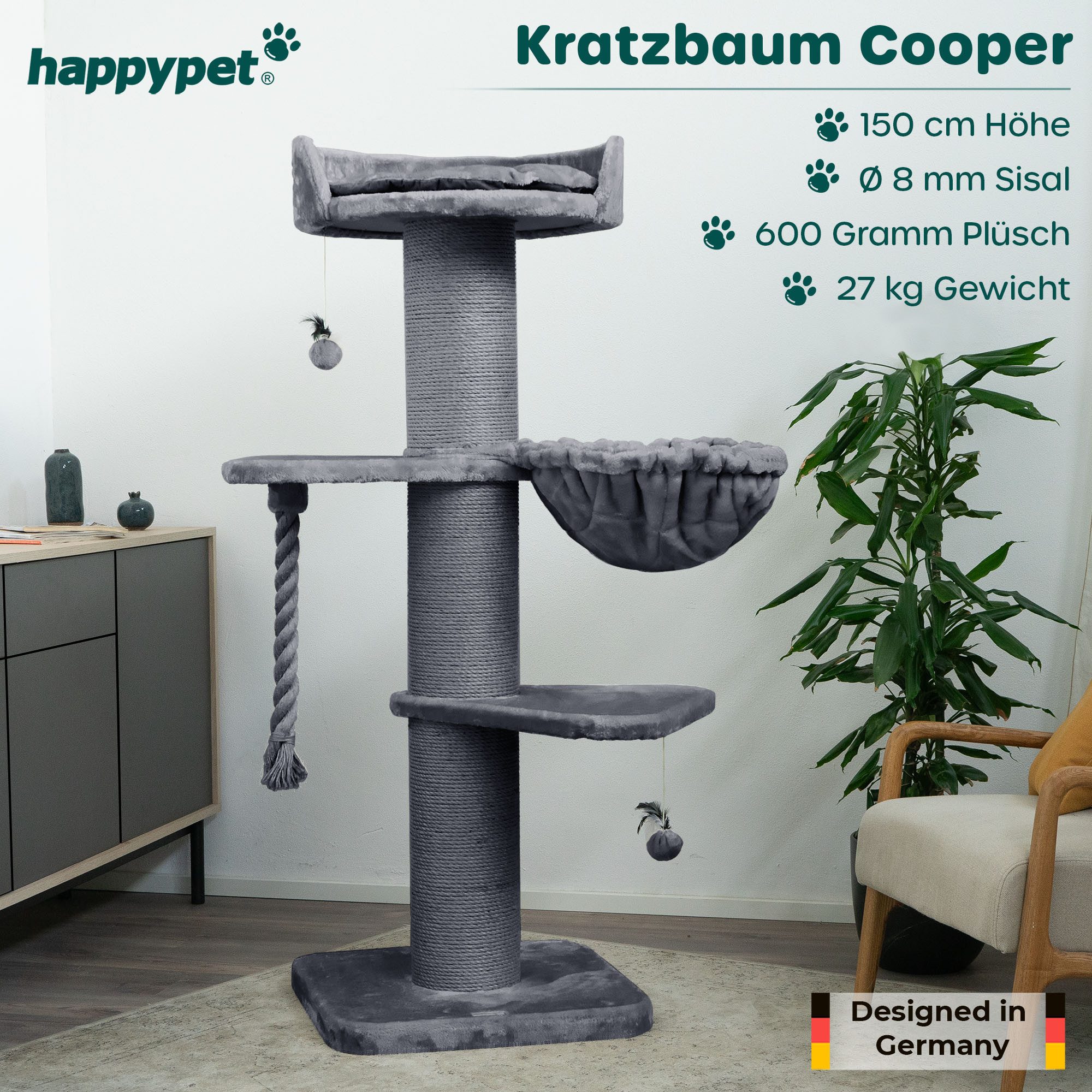 Happypet Kratzbaum COOPER, Katzenbaum 'Cooper', Gesamthöhe 150 cm, mit Spielseil und Spielball