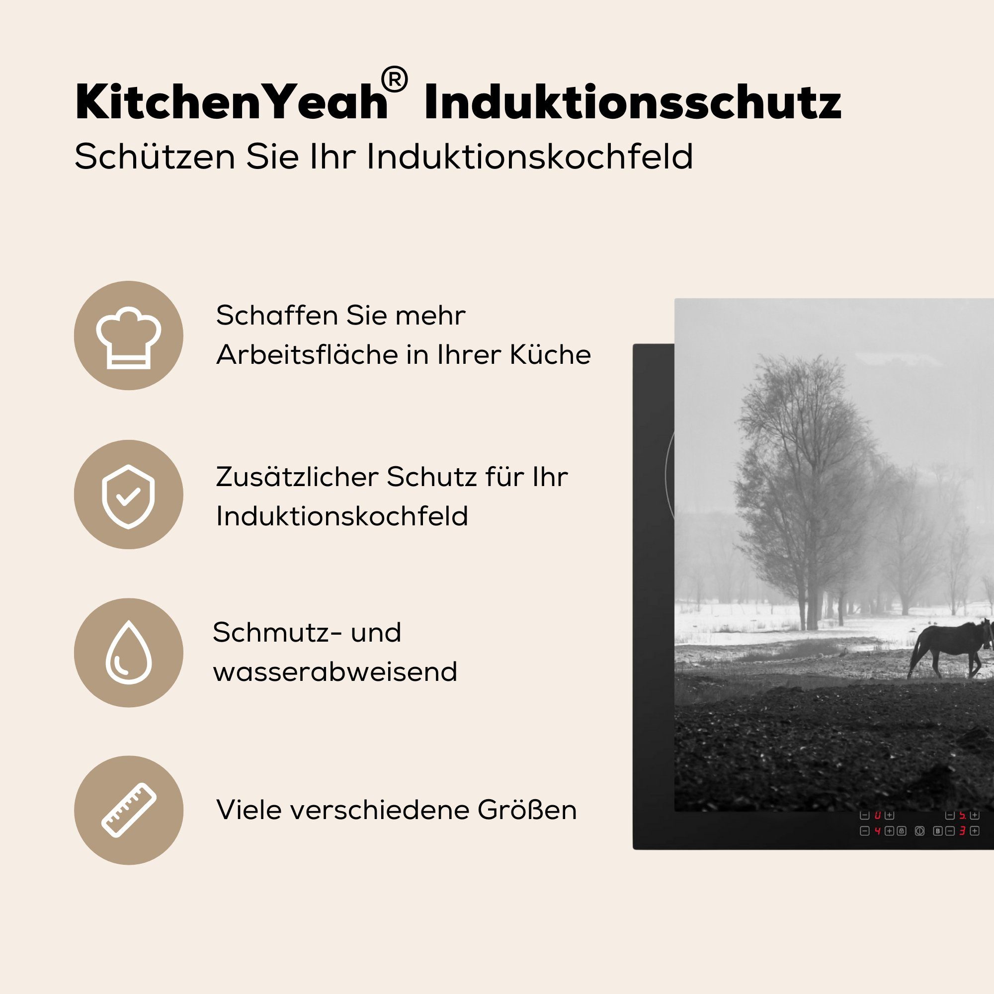 MuchoWow Herdblende-/Abdeckplatte - für Induktionskochfeld küche, Ceranfeldabdeckung cm, Bauernhof (1 Schnee, 81x52 Pferd tlg), - die Vinyl, Schutz