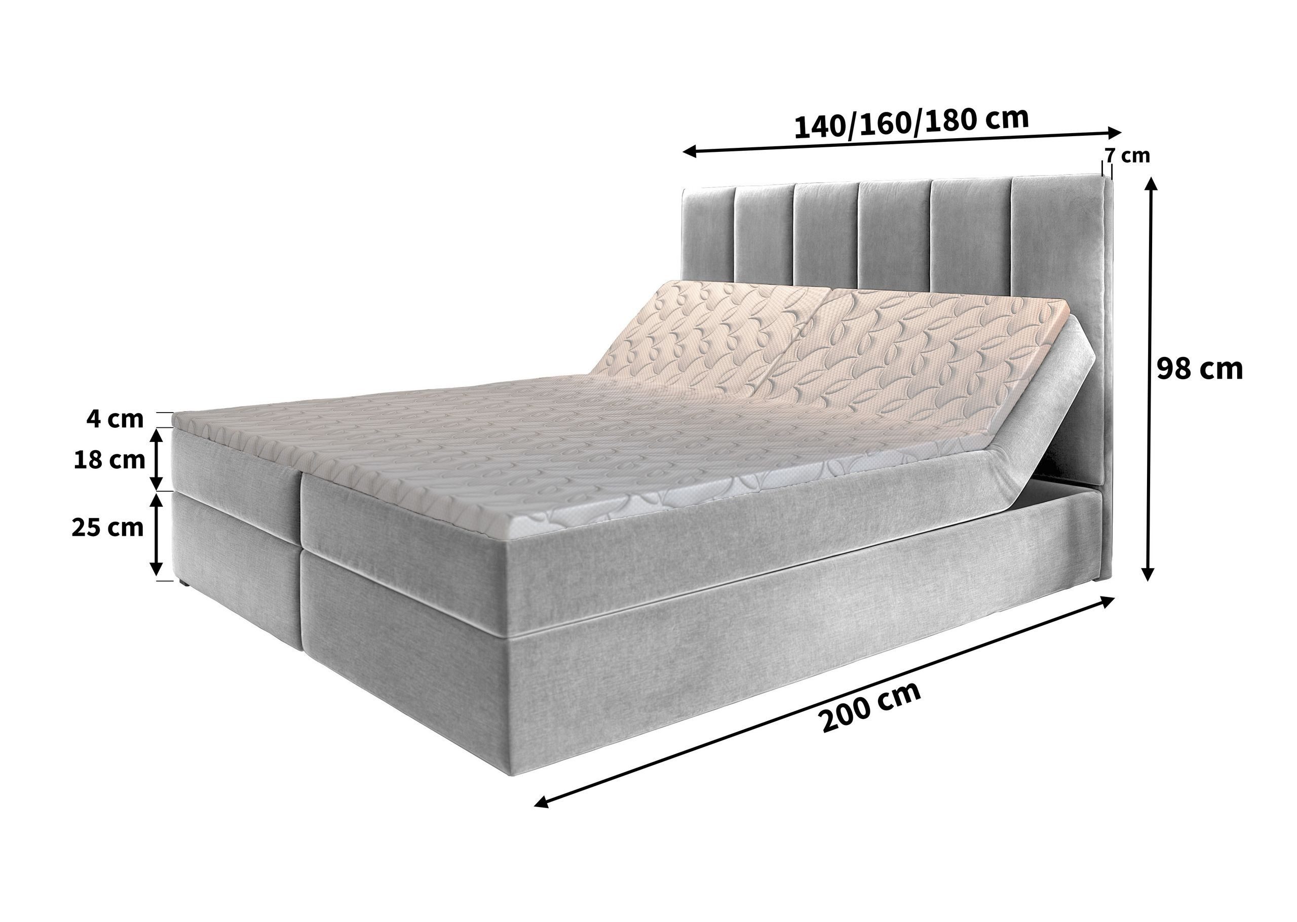 Masseno Boxbett BARINO 160x200 cm mit Bonell Matratze und Topper, Doppelbett, Polsterbett mit Kopfteil, Boxspringbett – Bild 4 von 5