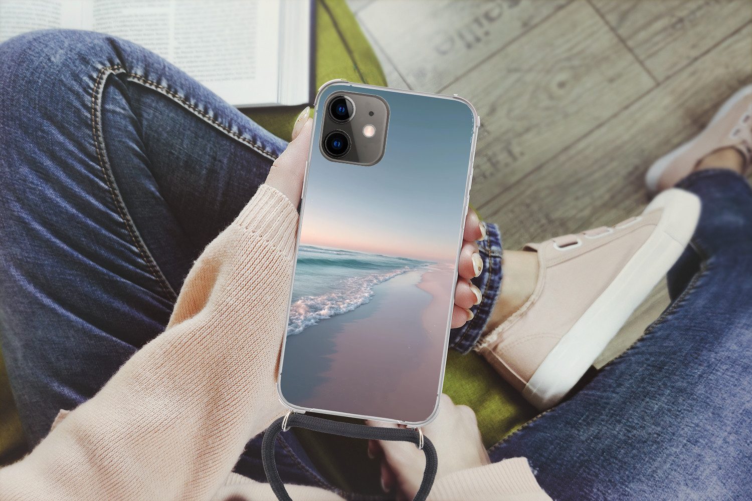 MuchoWow Handyhülle für Apple iPhone 12 Mini Küstenlinie - Pastell - Wasser, Tragbare Handyhüllen mit Kette zum umhängen, Handykette Handyband