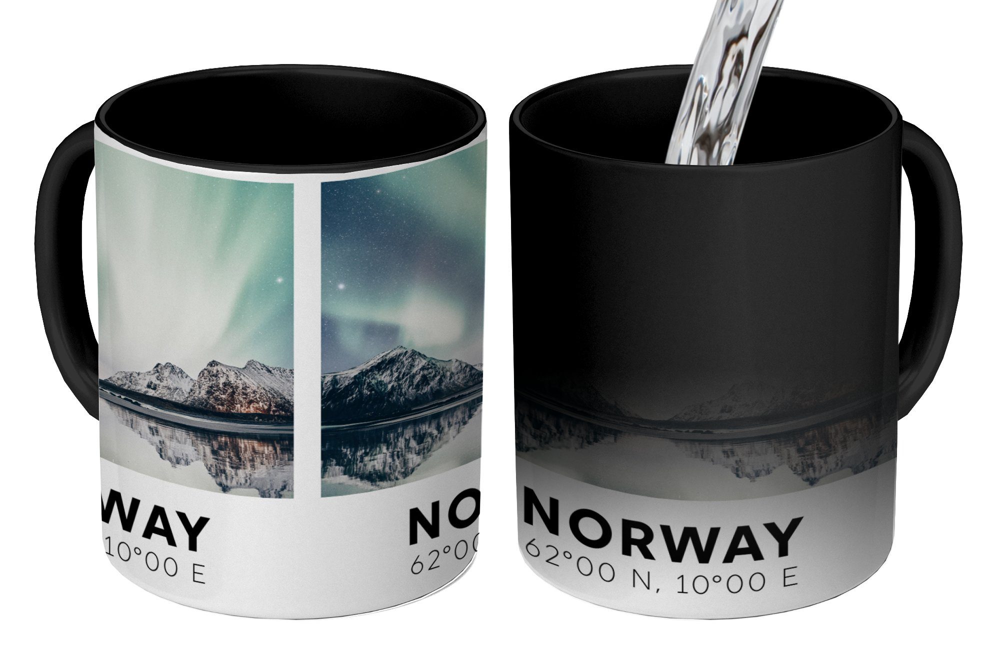 MuchoWow Tasse Norwegen - Nordlichter - Bergen, Keramik, Farbwechsel, Kaffeetassen, Teetasse, Zaubertasse, Geschenk