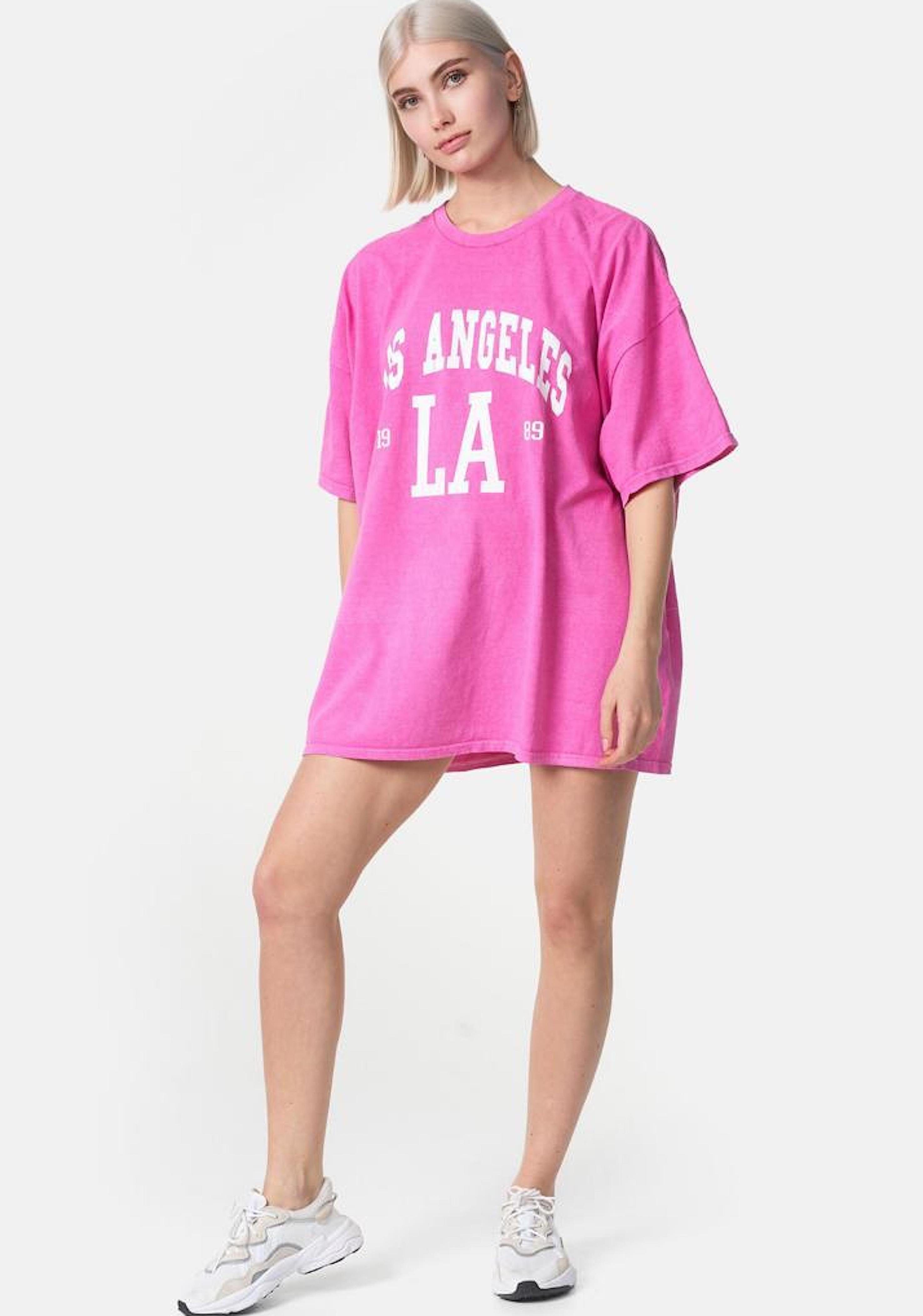 Worldclassca T-Shirt Worldclassca Oversized LA LOS ANGELES Print T-Shirt lang Sommer Tee Pink