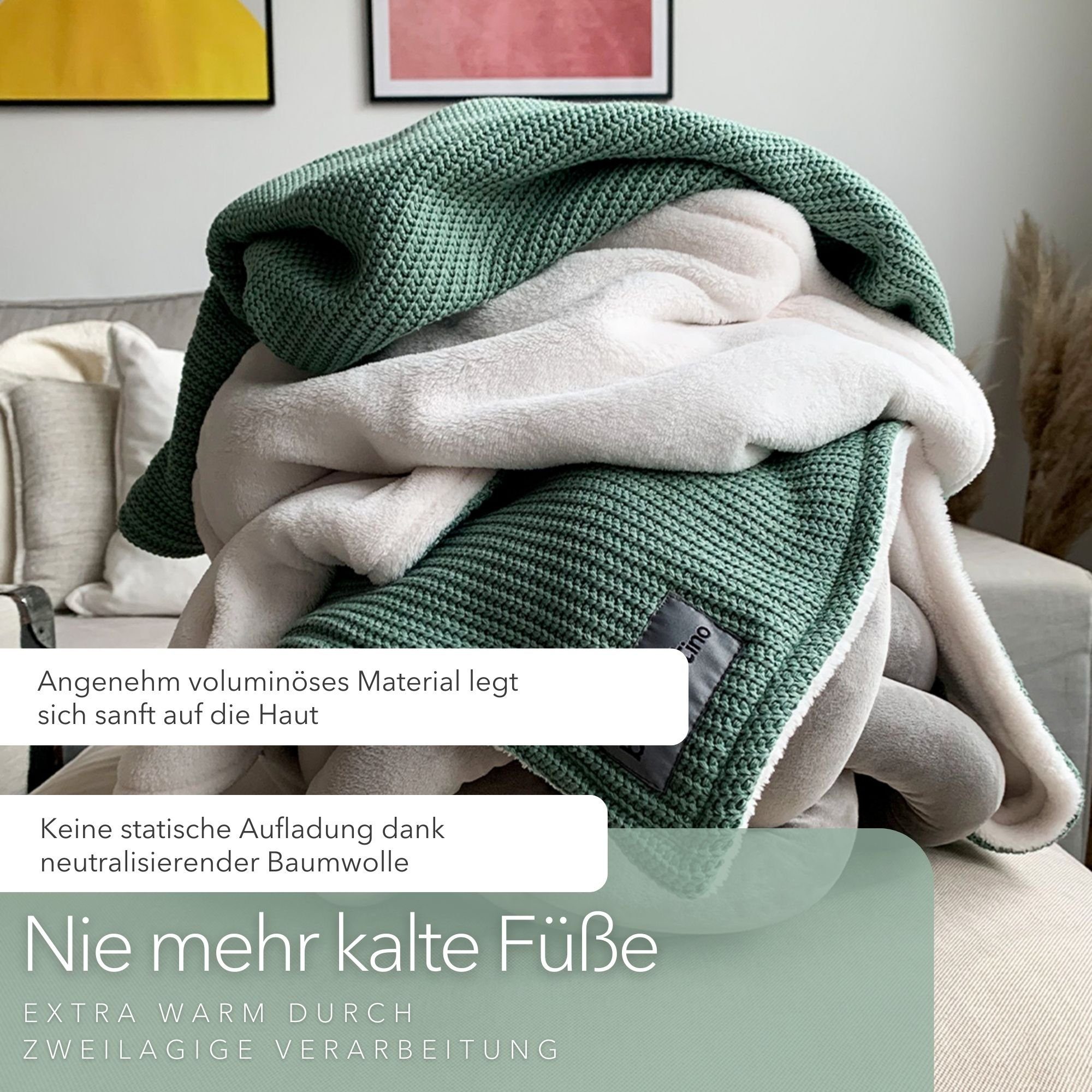 Wohndecke flauschige Kuscheldecke, wärmende Couchdecke im Strick Design, blanketino, Stilvolle Sofadecke, Überdecke in Seegrün