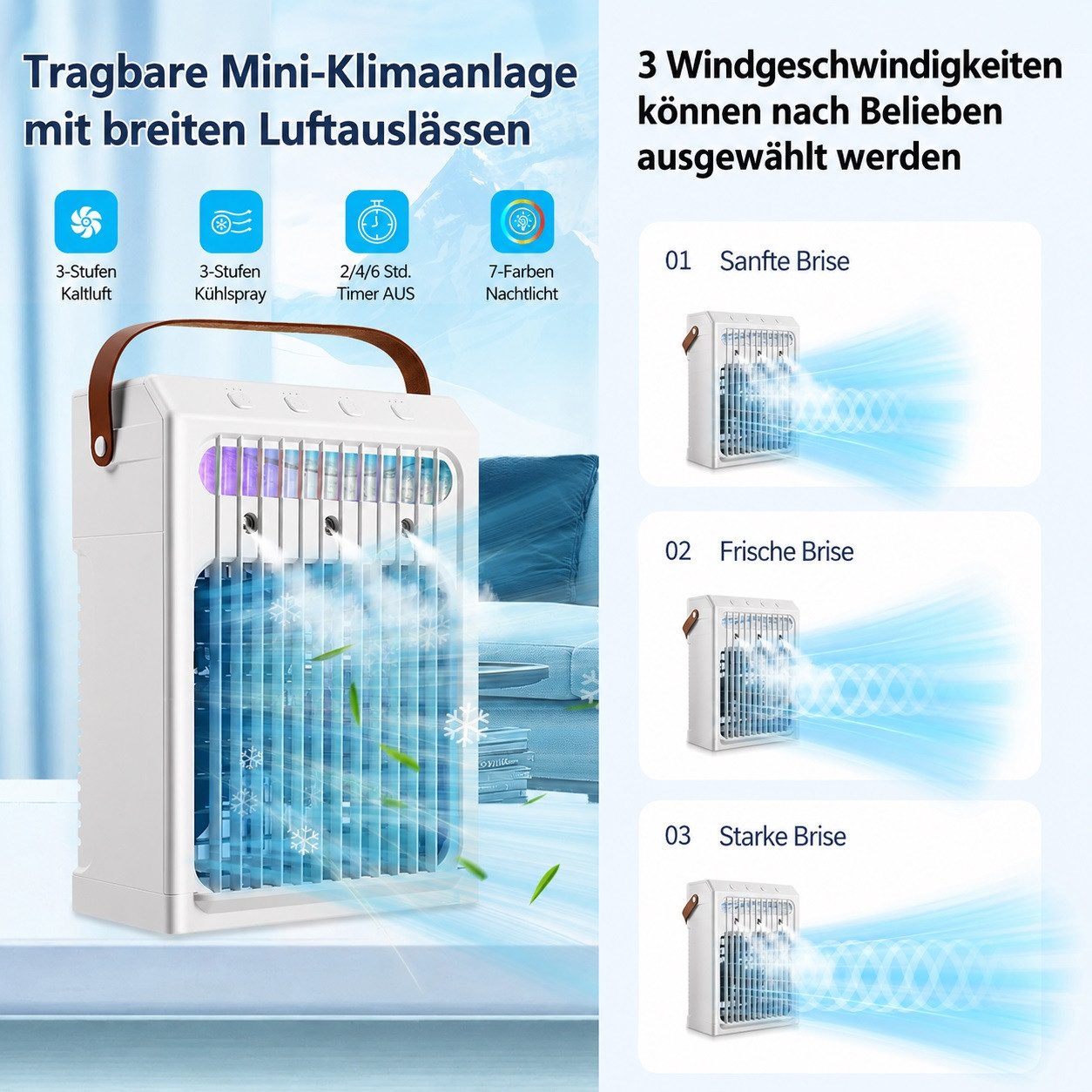MOPUEA Ventilatorkombigerät Ventilatorkombigerät Luftkühler/Befeuchter/Ventilator Smart 4-in-1, 3 Geschwindigkeiten 7 Farben Nachtlicht Für Schlafzimmer Büro Zimmer