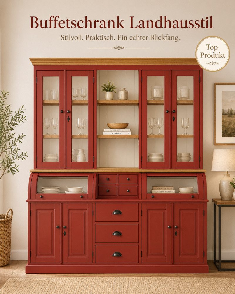 Wohnpalast Buffet Landhaus Buffet Schrank Berlin 200 cm Rot mit Eiche- Landhaus Möbel