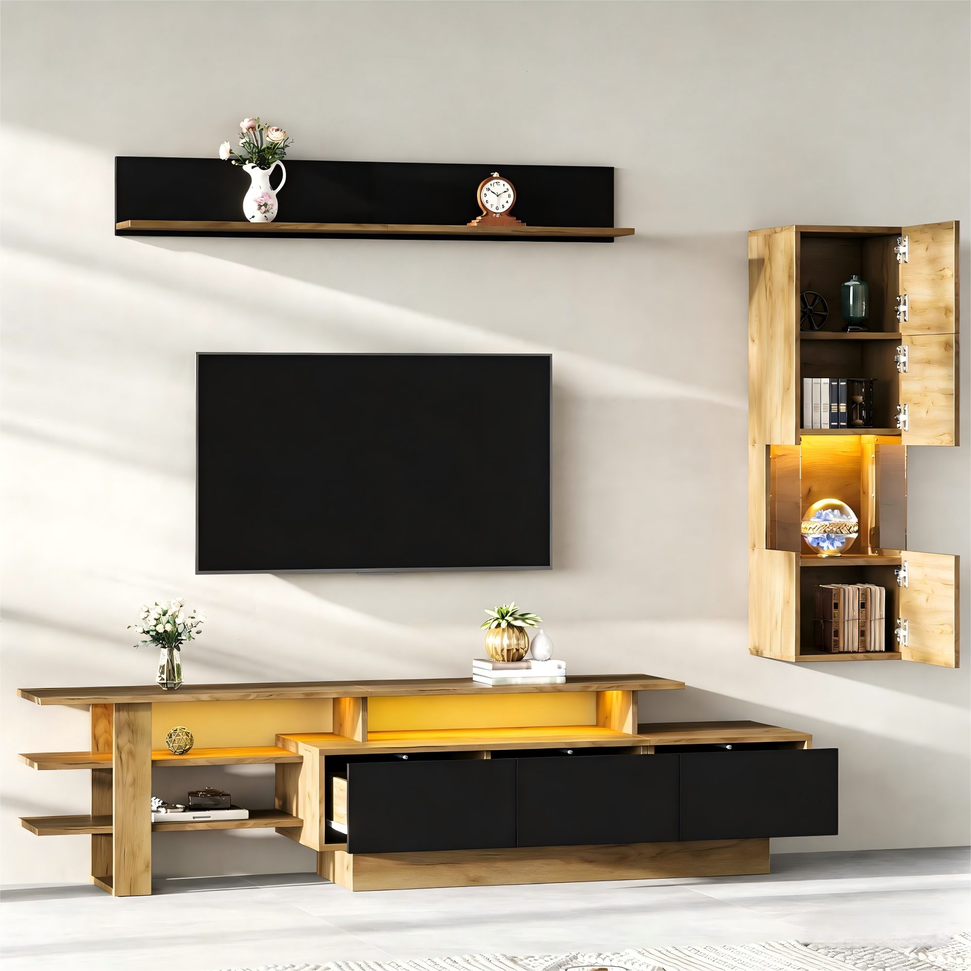 REDOM Wohnwand 3-teiliges Wohnzimmer-Set in Schwarz & Naturholz mit LED, (Set, 3-St., Bestehend aus TV-Board (3 Schubladen), Vitrine & Wandregal), Stilvolle Kombination für TV-Geräte bis 80 Zoll