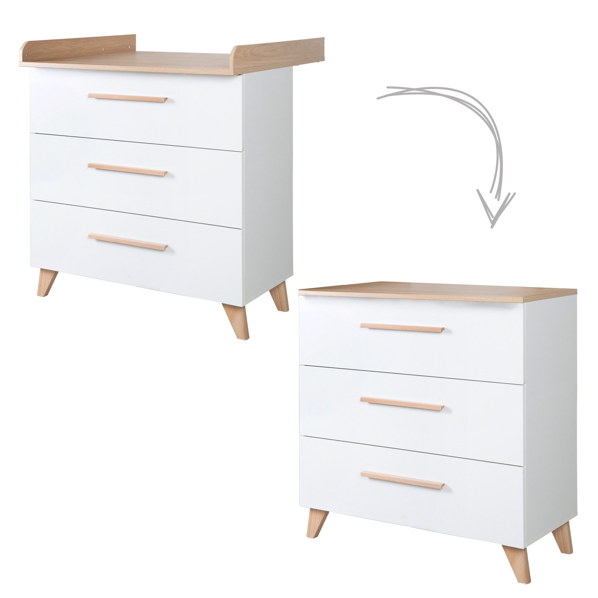 roba® Leon changing table - made of wood - in white with Othello oak decor - 3 drawers, with full extension - solid wood feet & handles