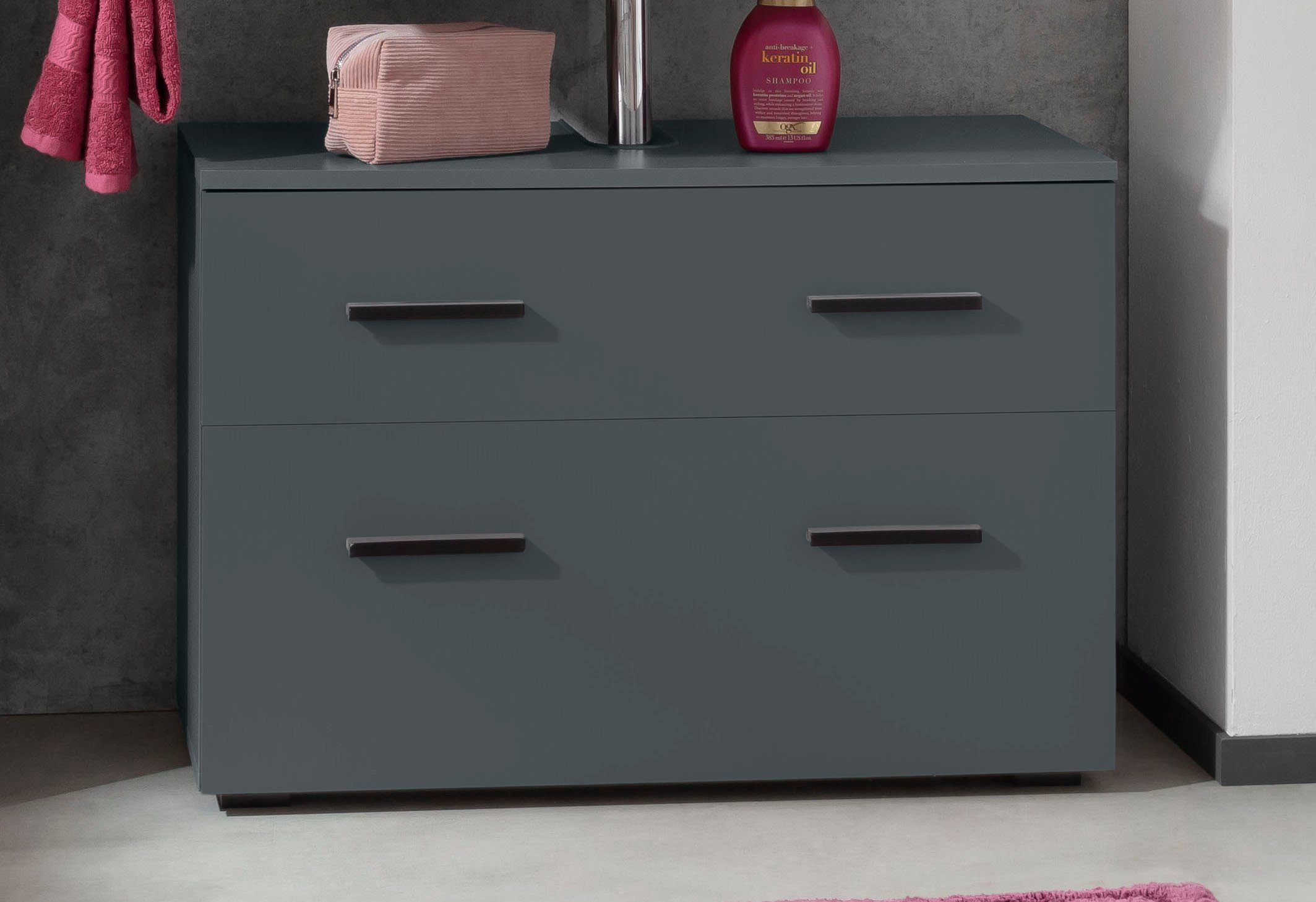 welltime Waschbeckenunterschrank Skara mit Klappe und Schubkasten, schwarze Griffe, Breite 80 cm, Höhe 55 cm – Bild 2 von 5