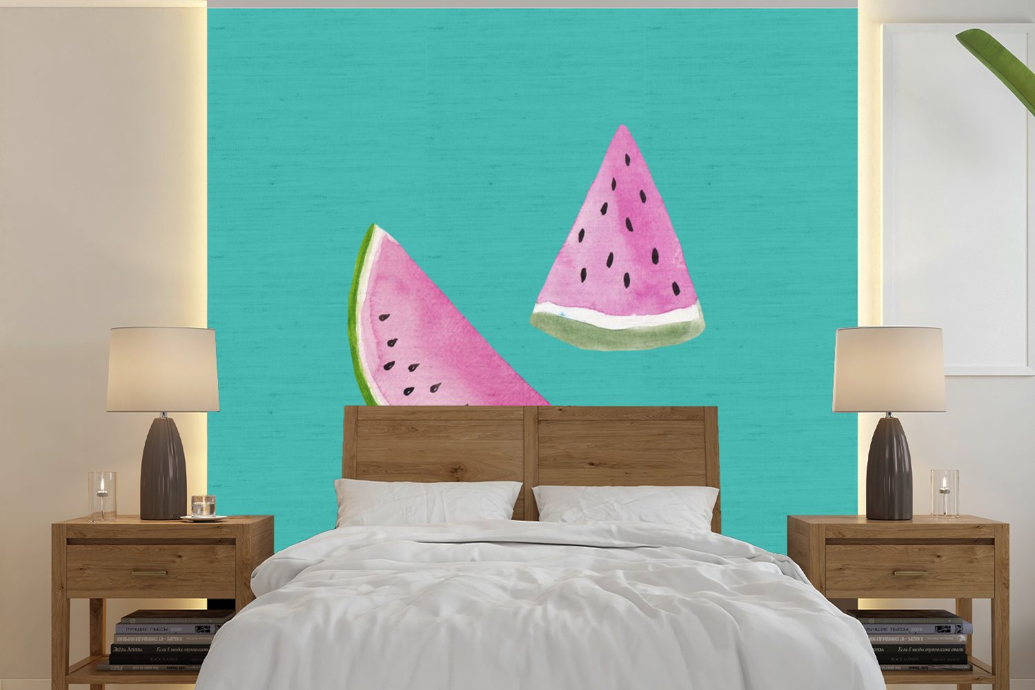 MuchoWow Fototapete Wassermelone - Obst - Aquarell - Blau, Matt, bedruckt, (5 St), Vinyl Tapete für Wohnzimmer oder Schlafzimmer, Wandtapete