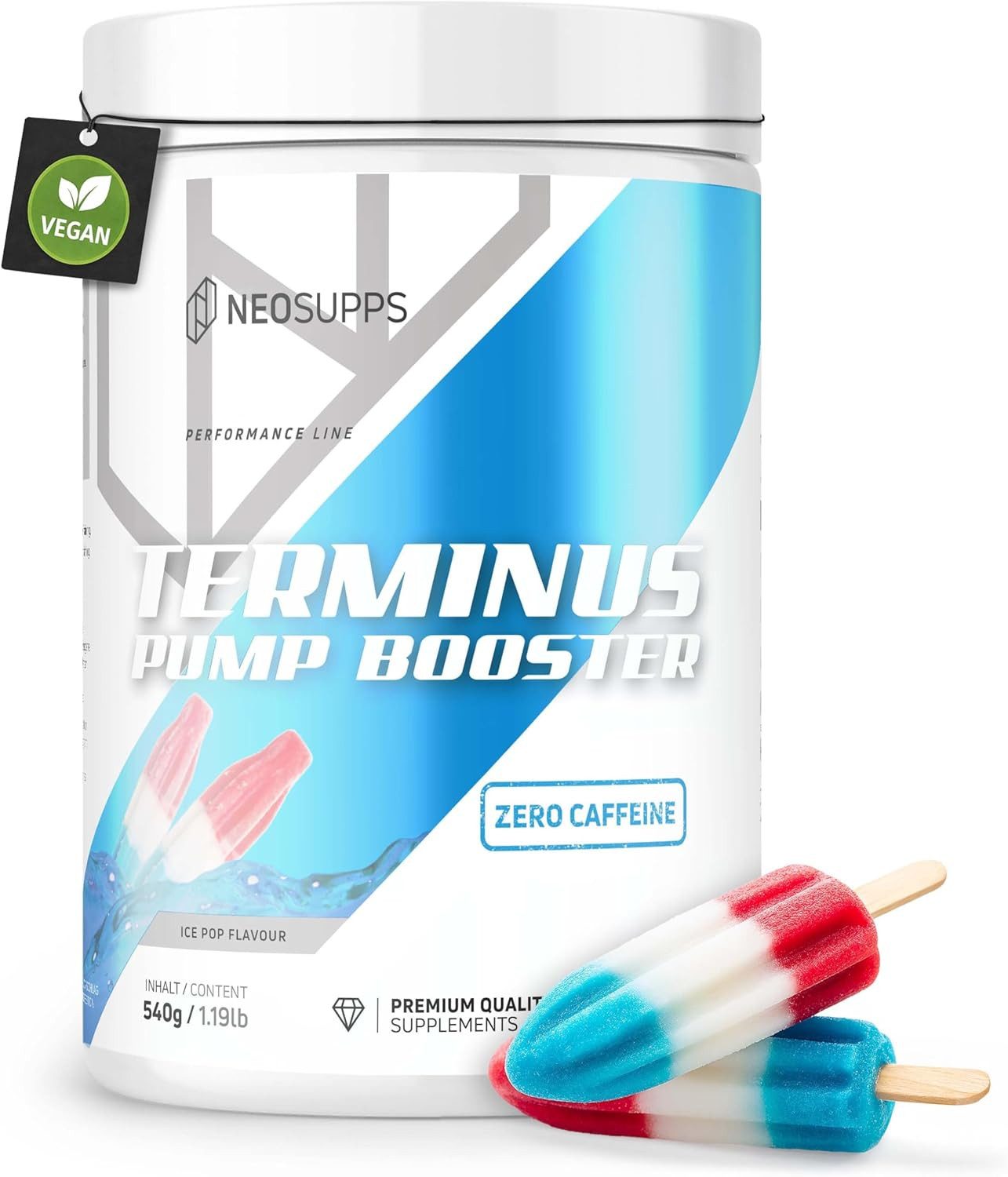Neosupps Terminus PUMP XXL Ice Pop 540g, Pre Workout Booster ohne Koffein Pulver, 540 g, Pump & Fokus, geprüfte Qualität, 8.000 mg L-Citrullin, Vegan