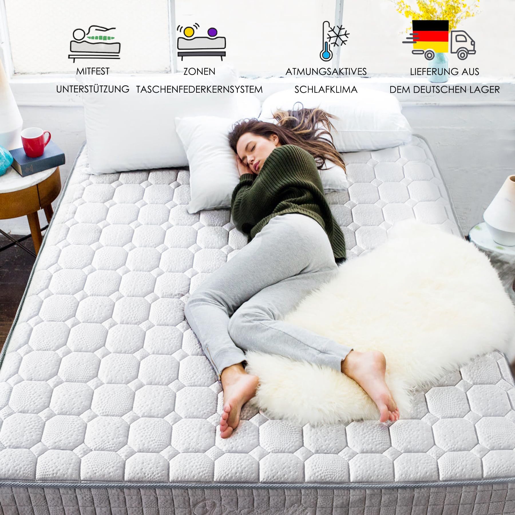Taschenfederkernmatratze 7-Zonen Matratze 24cm hoch H3 Kaltschaummatratze Grau TT1, Vesgantti, Öko-Tex Standard 100, Orthopädisch Federkernmatratze
