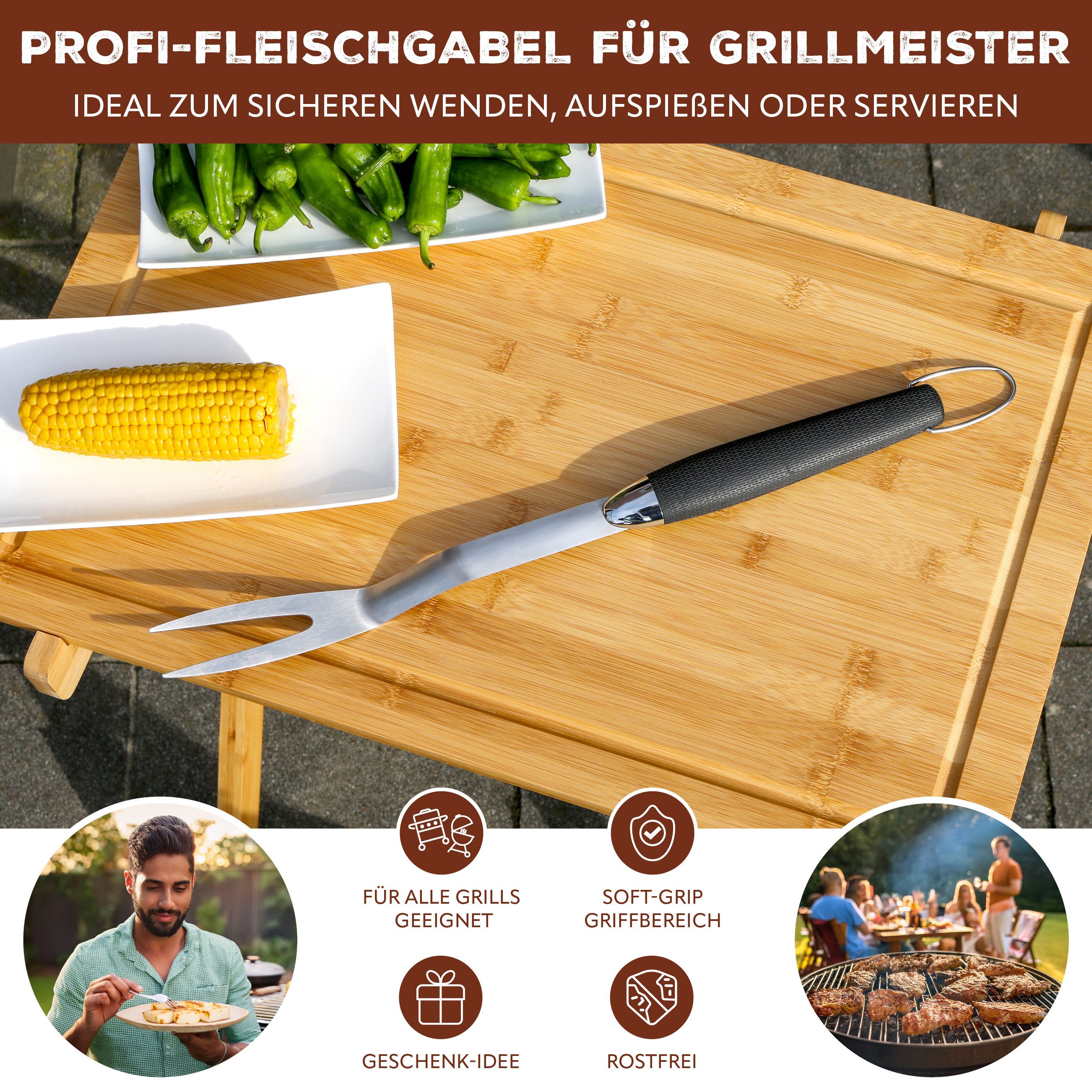 bremermann Fleischgabel Grillgabel // lange Fleischgabel aus Edelstahl mit Softgriff, mit Aufhängeöse
