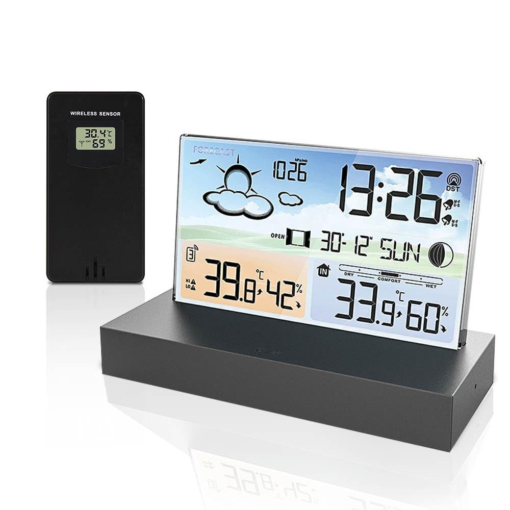 AKKEE Wetterstation Funk mit Außensensor, Farbdisplay Wettervorhersage Wetterstation (Mit Sensor und USB-Kabel, Farbdisplay, Barometer, Luftfeuchtigkeit, Wecker)