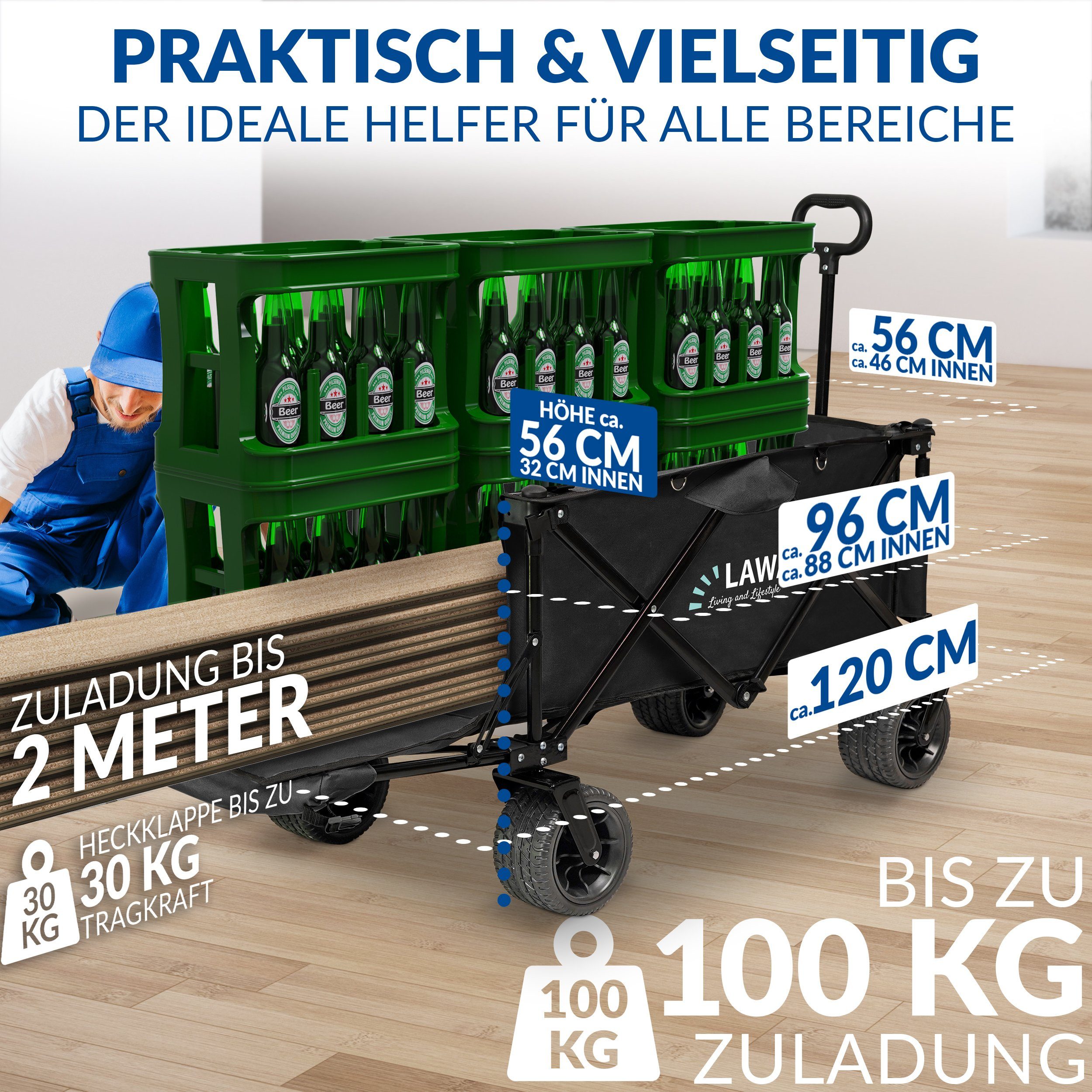 LAWA Living and Lifestyle Bollerwagen faltbar klein 100kg Traglast Handwagen mit Bremse verlängerbar (12,4kg leicht), mit Heckklappe, sehr kleines Packmaß, klappbar, ohne Dach, Schwarz