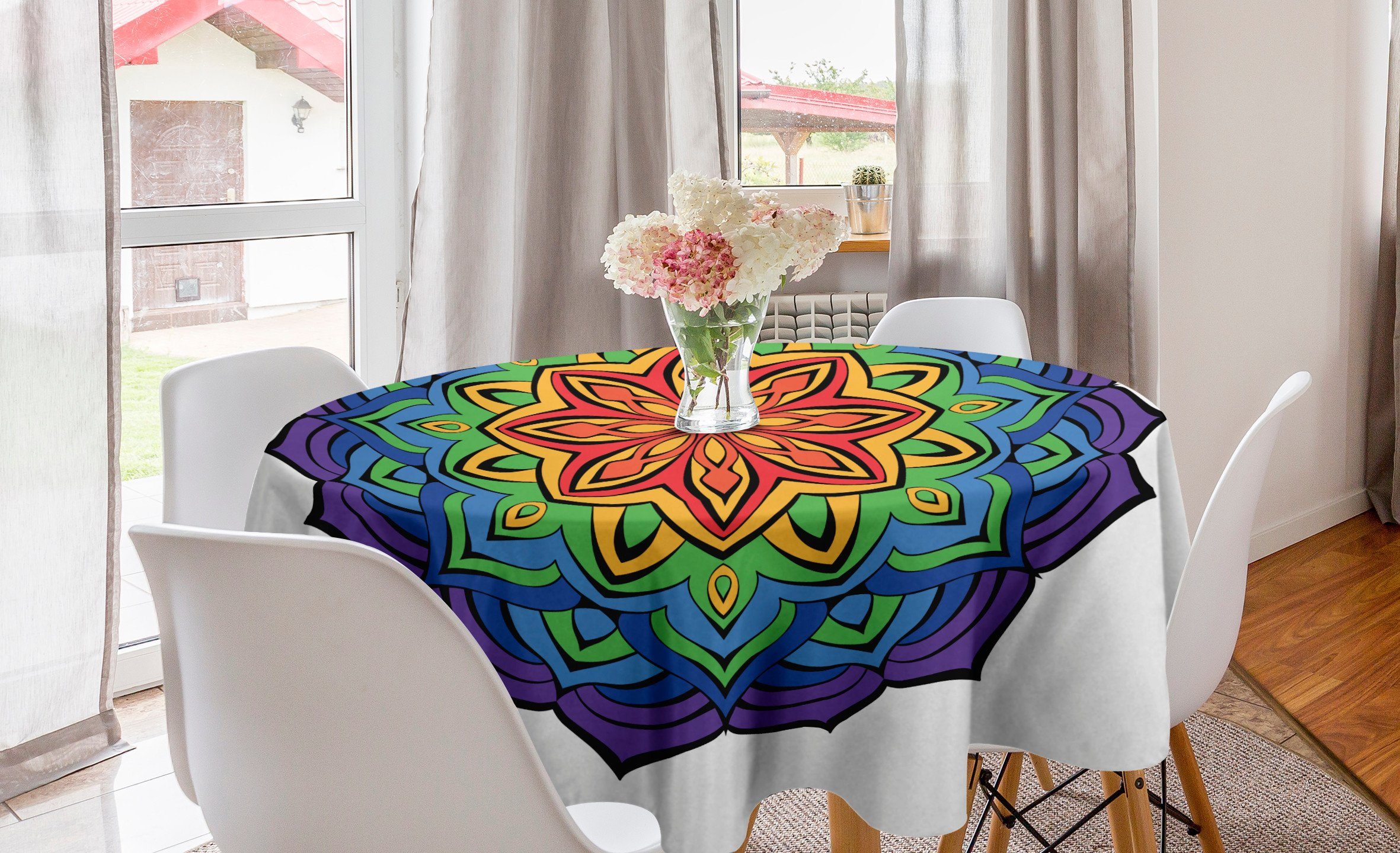 Abakuhaus Tischdecke Kreis Tischdecke Abdeckung Esszimmer Dekoration, Regenbogen-Mandala Bloom Zimt Küche für