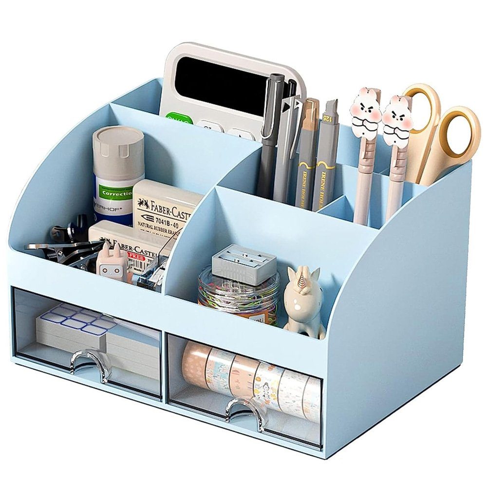 NUODWELL Organizer Schreibtisch Organizer, Stiftehalter mit 2 Schubladen und 6 Fächern Blau