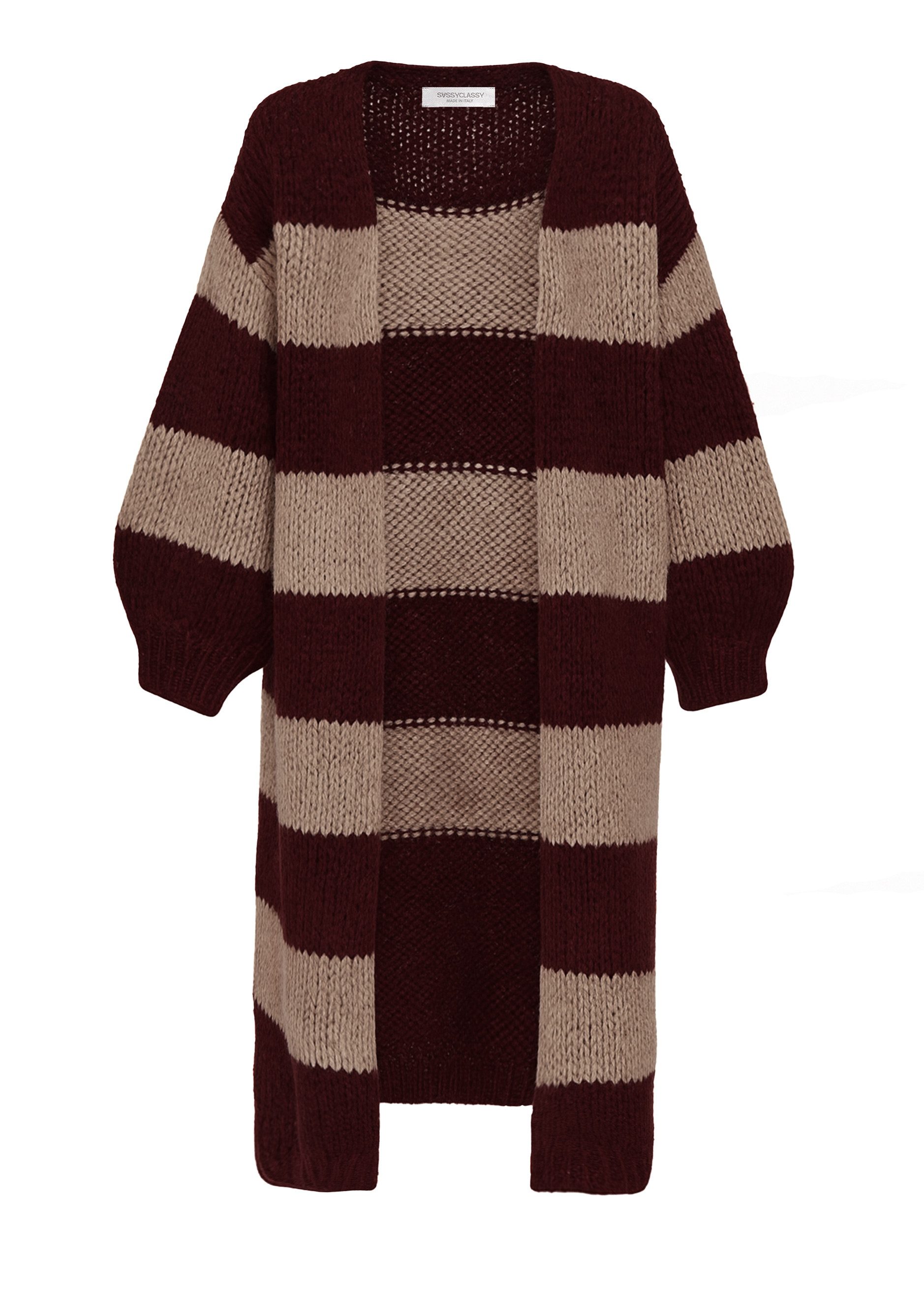 SASSYCLASSY Longstrickjacke Extra langer Cardigan mit Blockstreifen für Damen Flauschiger Maxi Cardigan im Oversized Fit Burgundy Pink