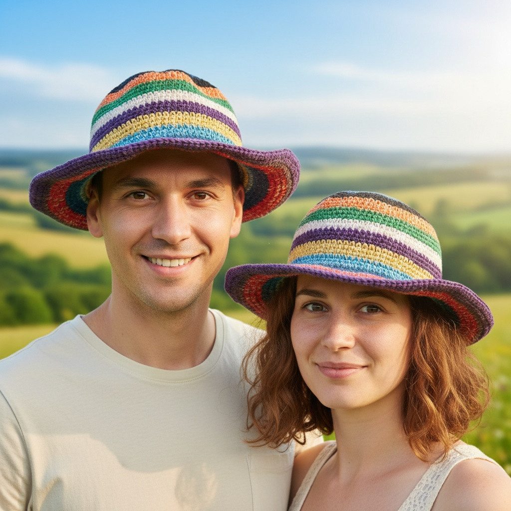 Guru-Shop Strickmütze Gehäkelter Sommerhut, bunter natürlicher..