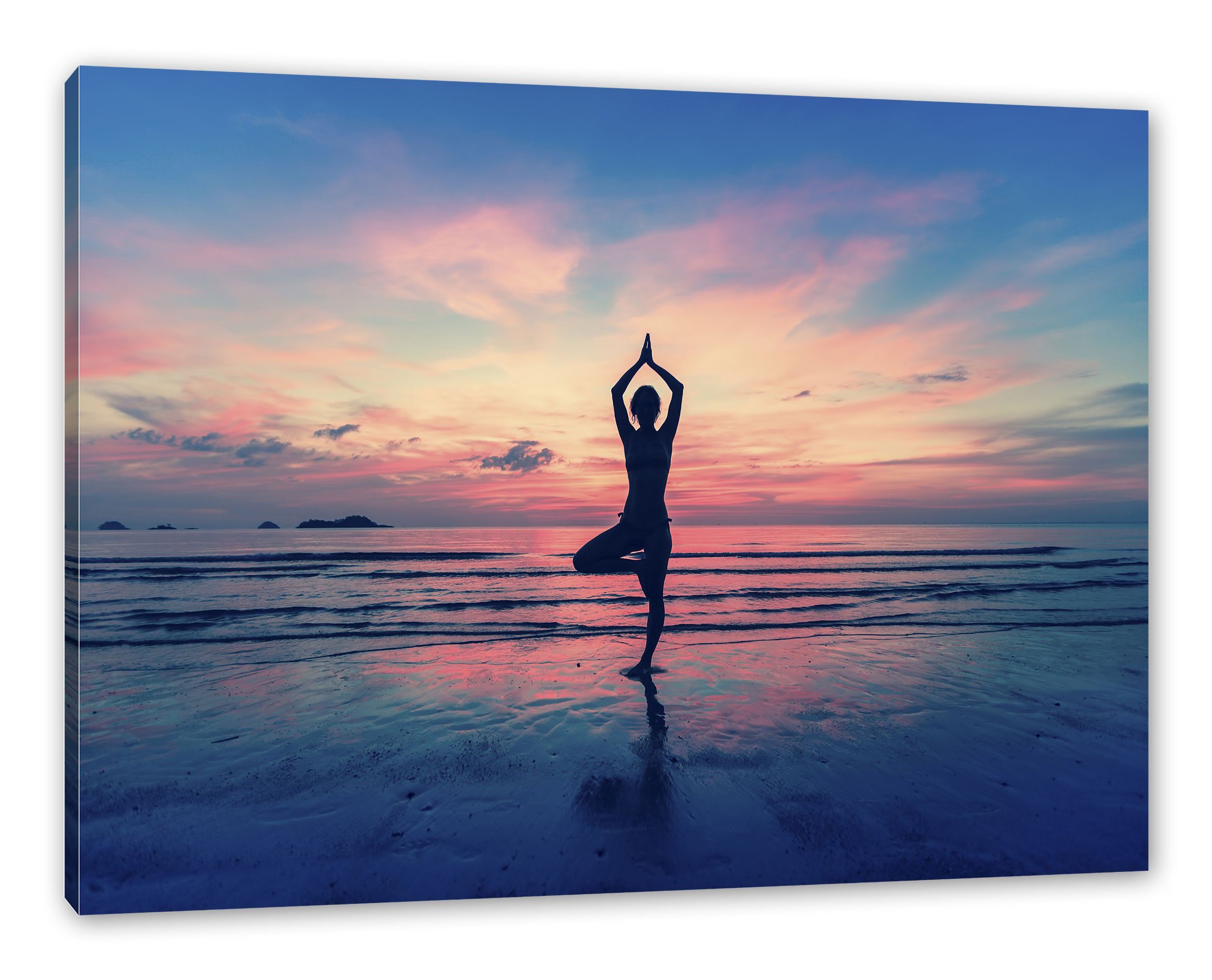 Pixxprint Leinwandbild Zackenaufhänger fertig Yoga Leinwandbild am bespannt, inkl. (1 Yoga am Strand, Strand St)
