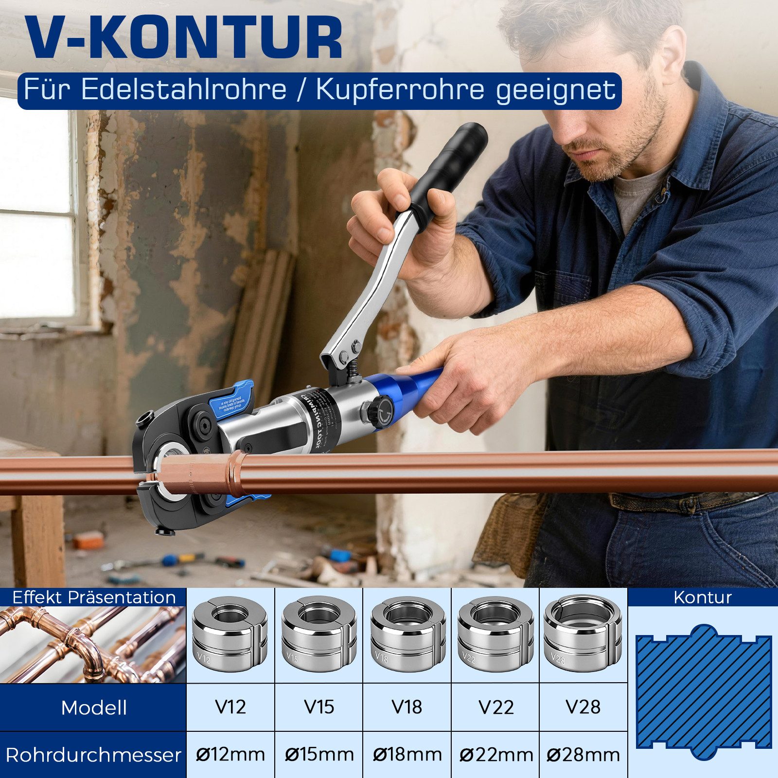 XIIW Presszange Rohrpresszange Hydraulisch mit TH & V Kontur Pressfitting Zange, CR, Set 14-tlg., 80kN Presswerkzeug inkl. Rohrschneider & Entgrater, für Kupfer – Bild 3 von 5