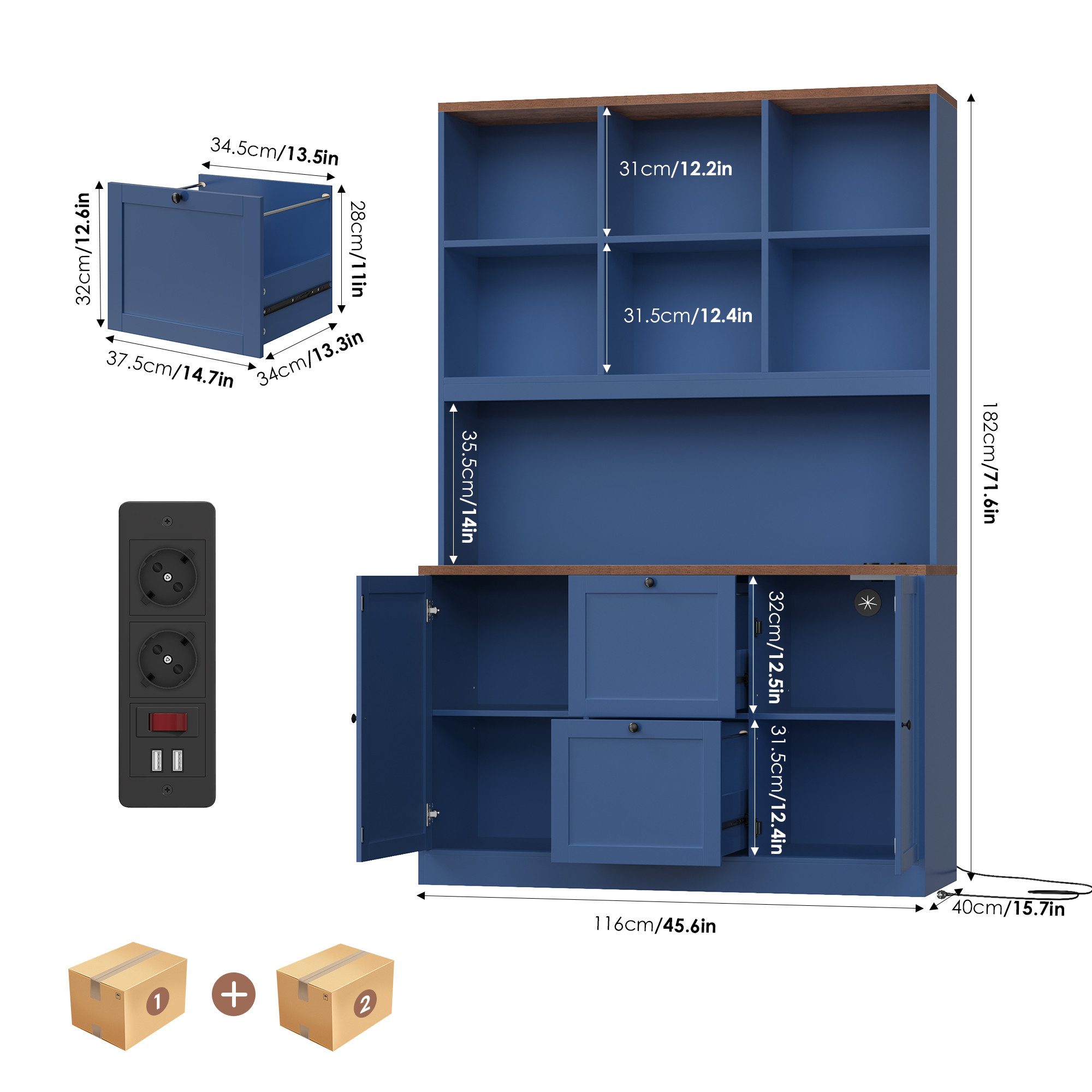 Homfa Bücherregal 182 cm Aktenschrank Mehrzweckschrank, mit Steckdose, 2 Türen und 2 Schubladen für Hängemappen A4, blau