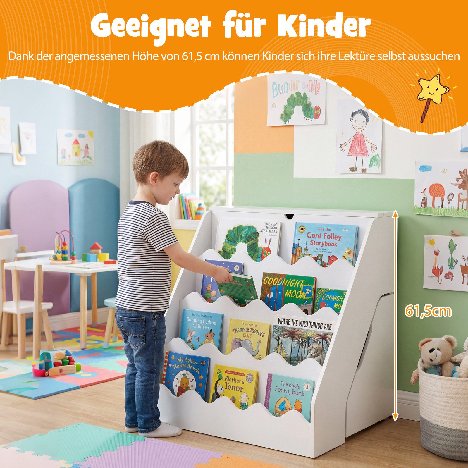 COSTWAY Kinderregal, 4 stufiges Kinderregal, mit mobiler Aufbewahrungswagen
