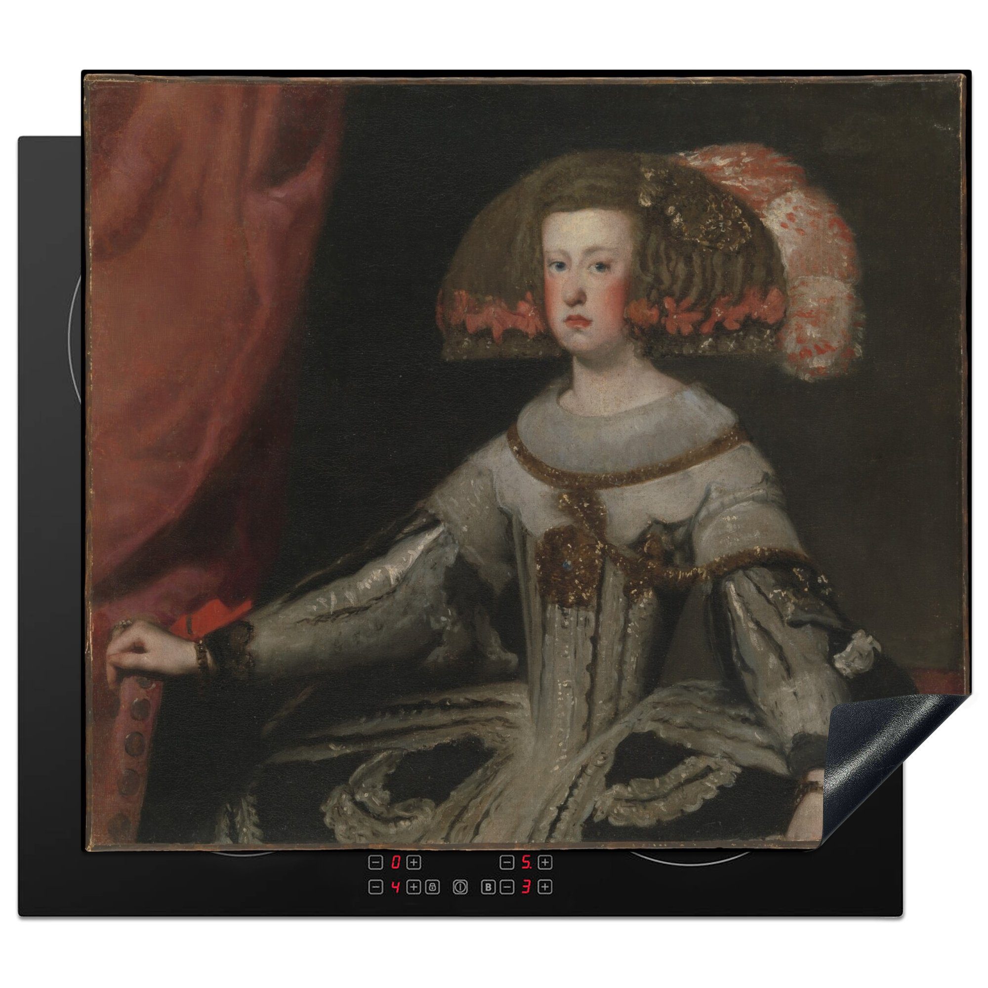 MuchoWow Herdblende-/Abdeckplatte Königin Maria Anna von Österreich - Gemälde von Diego Velazquez, Vinyl, (1 tlg), 60x52 cm, Mobile Arbeitsfläche nutzbar, Ceranfeldabdeckung