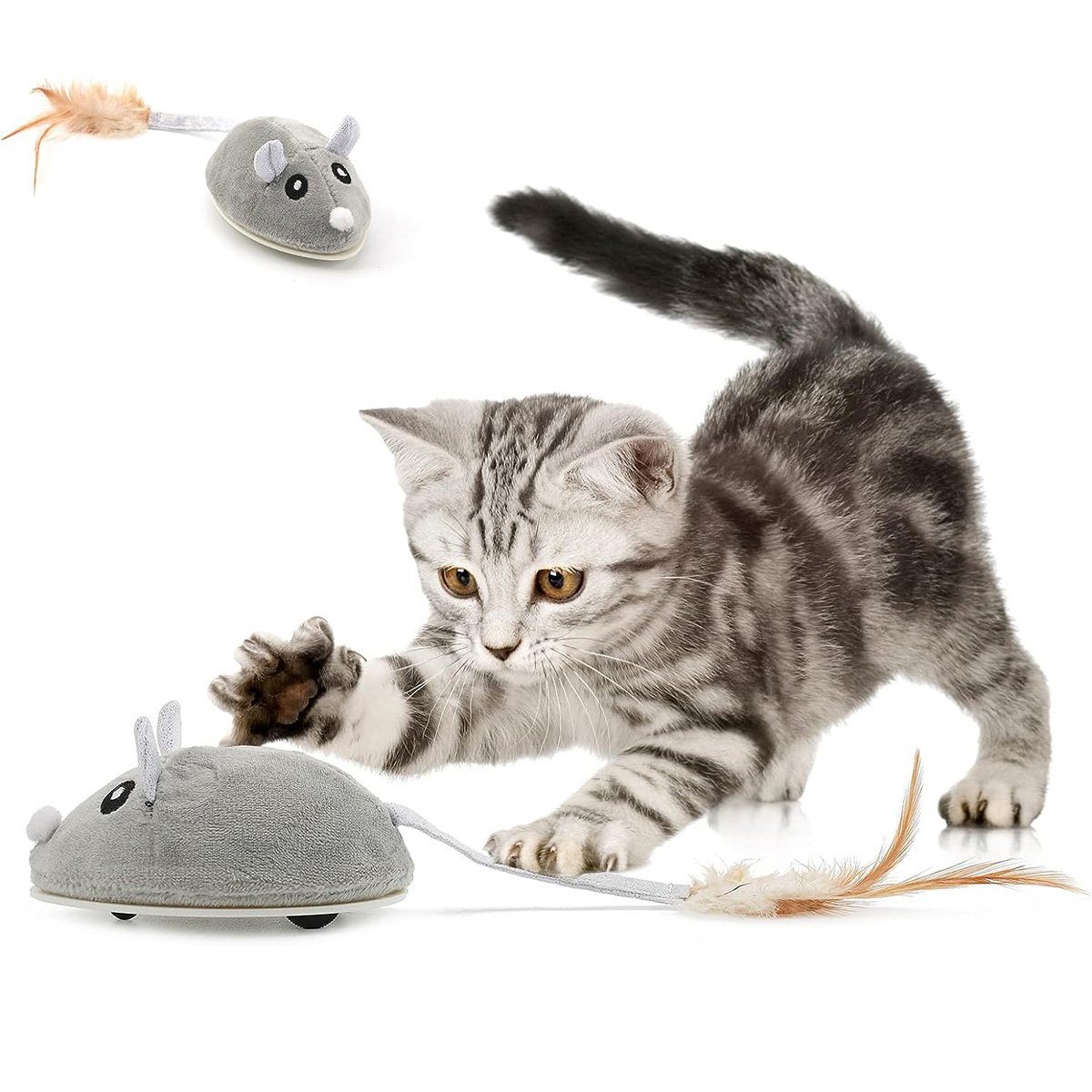 götäzer Plüschmäuse Katzenspielzeug–Elektrisches Mausspielzeug für Katzen  mit Federschwanz, Bietet interaktiven Spaß, um Katzen aktiv und unterhalten  zu halten