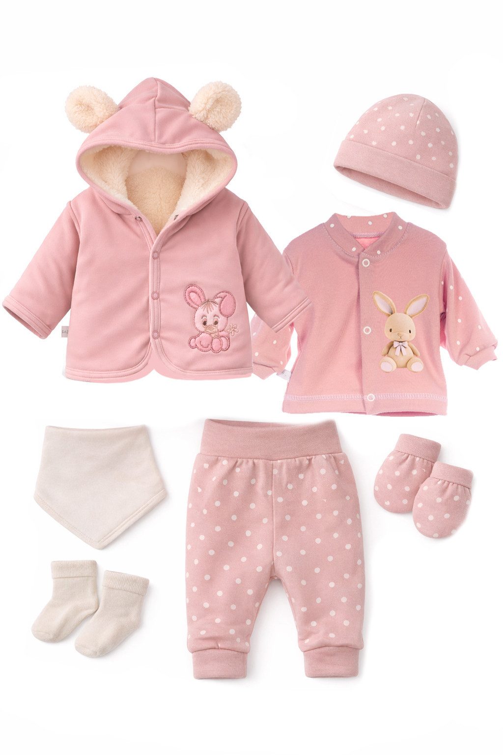 La Bortini Erstausstattungspaket Baby Anzug Jacke Hose Hemdchen Mütze Socken Fäustlinge Sabbertuch rosa (Set für Mädchen, 7-teilig, Anorak, Hose, Shirt, Handschuhe, Haube, Strümpfe, Lätzchen) in altrosa mit Hasen, 44 50 56 62 68 74