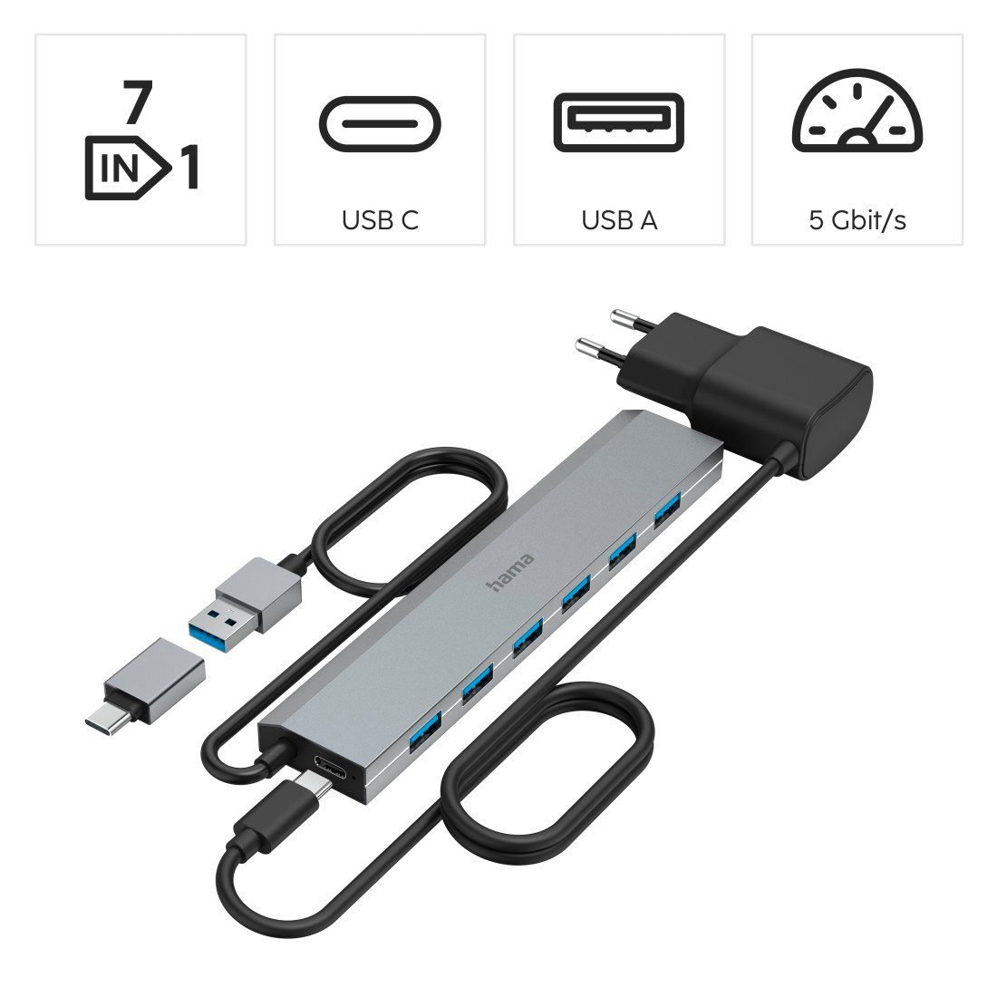 Hama USB Hub mit Netzteil und Adapter, 7 Ports mit USB C und USB A Stecker USB-Adapter USB Typ A, USB Typ C, 100 cm