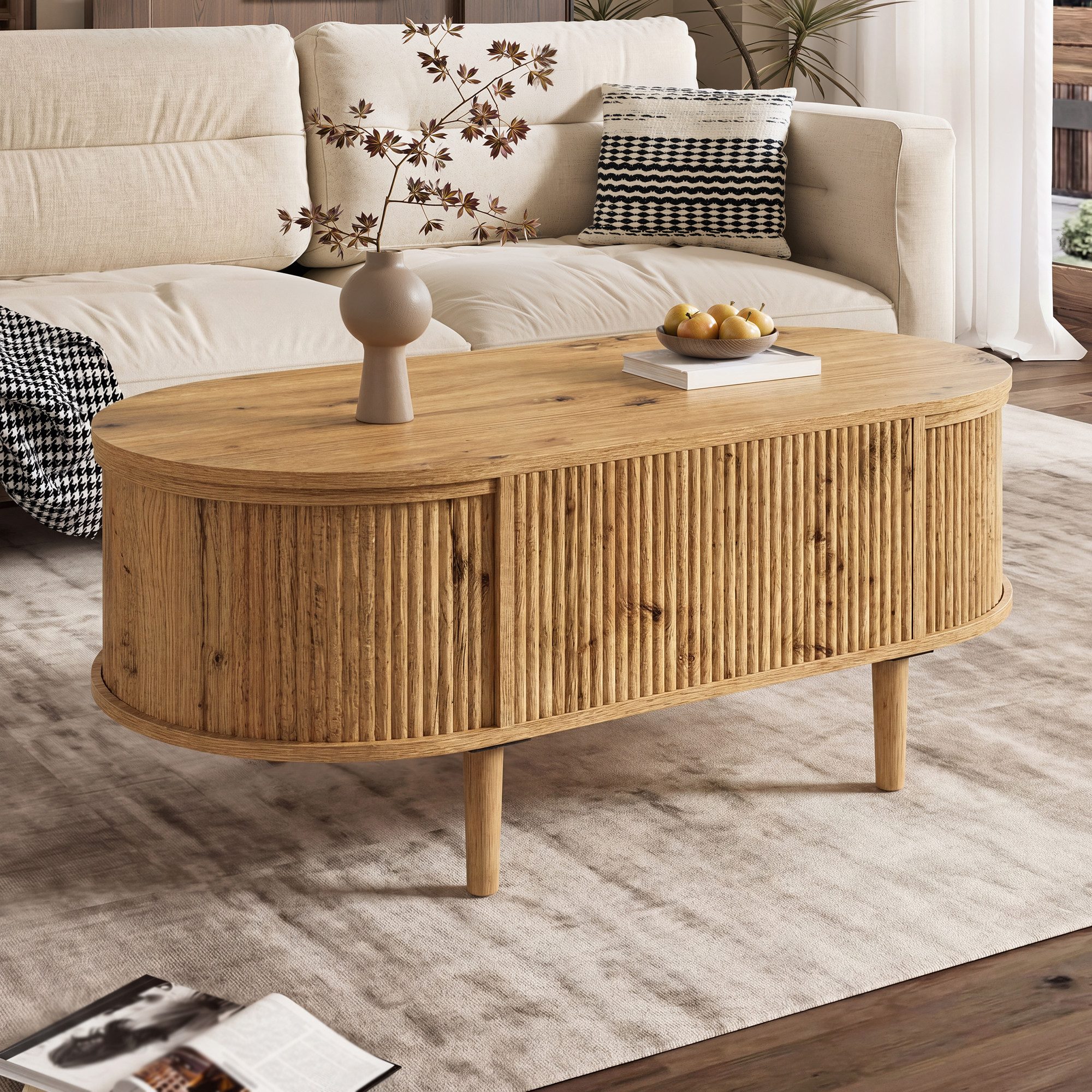 Merax Couchtisch anhebbarer Sofatisch oval Beistelltisch mit Liftfunktion & Holzoptik (100 x 48 x 54,5 cm, 1-St), Wohnzimmertisch mit verstecktem Stauraum, 3 Ab – Bild 3 von 5