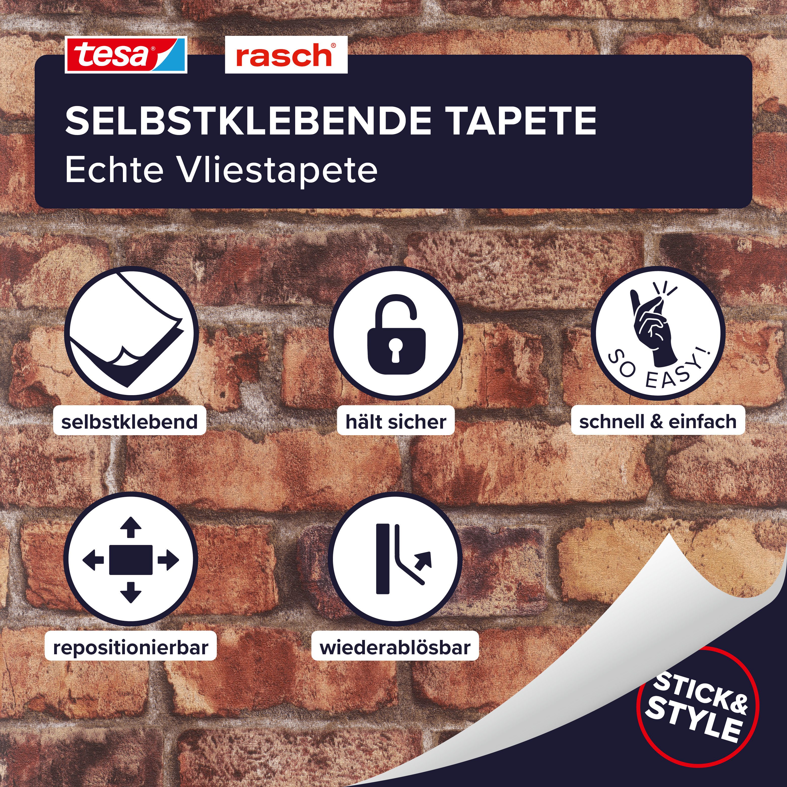Rasch Vliestapete Clayton - Selbstklebende Tapete Steinmauer von tesa® x rasch®, strukturiert, Steinoptik, Ziegel, Mauer, Mauerwerk, (1 St), selbstklebend, 6,00m x 0,53m