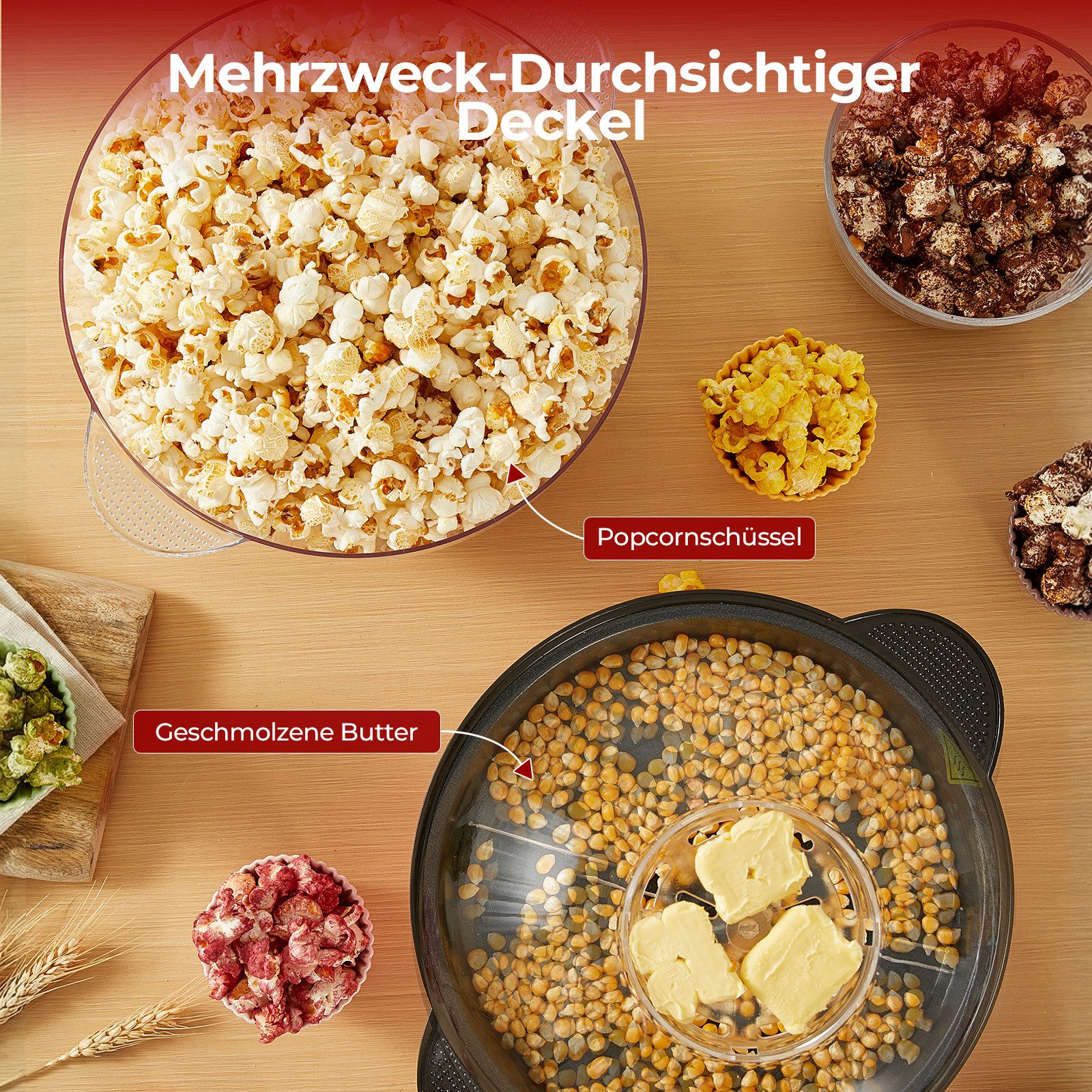 FOHERE Popcornmaschine 4.5L 700W Popcornmaschine mit 2 Messbecher, für Zucker und Öl, Automatisches Rühren – Bild 5 von 5
