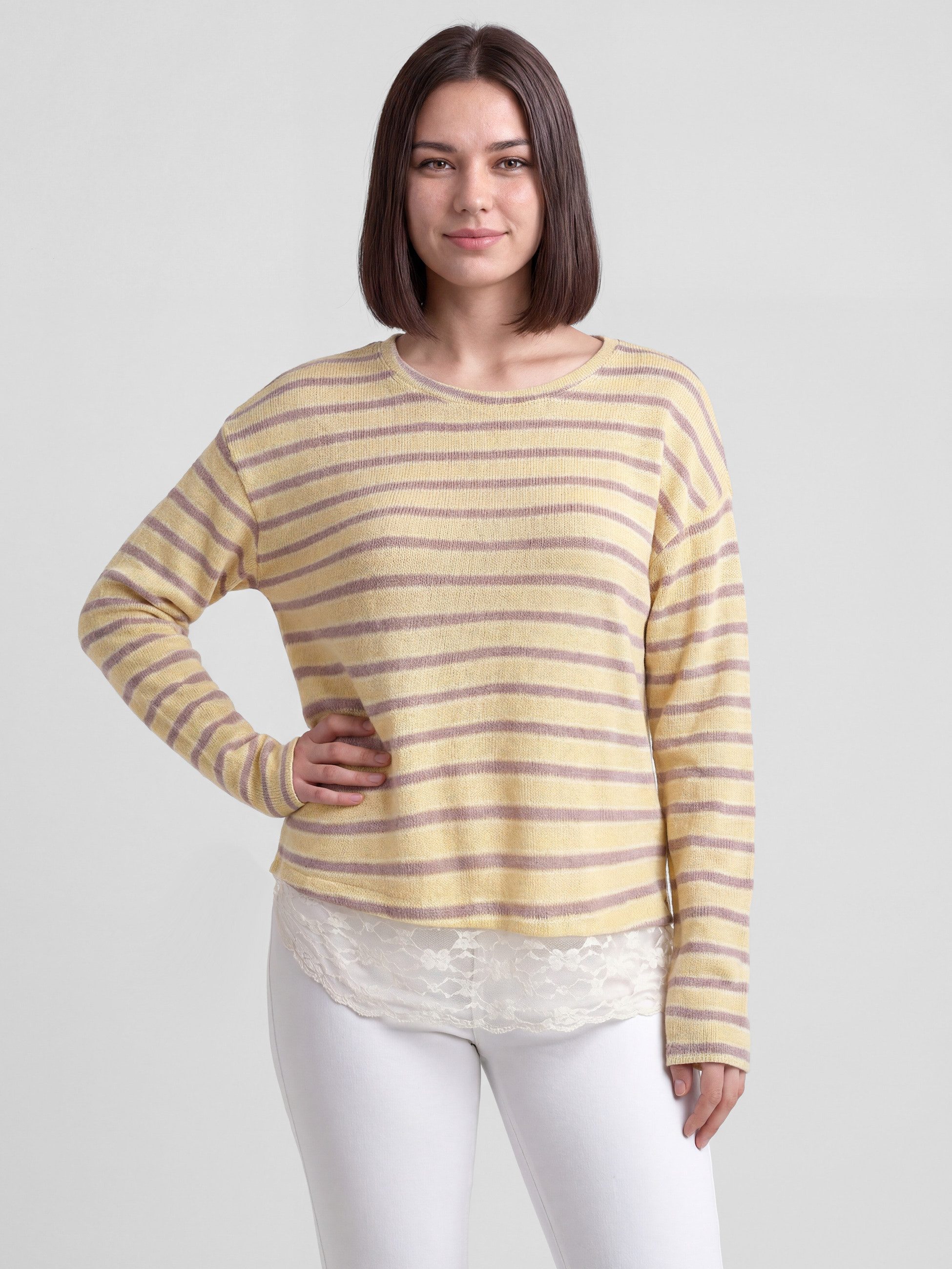 PEKIVESSA Strickpullover Feinstrickpullover gestreift mit Tüllspitze am Saum