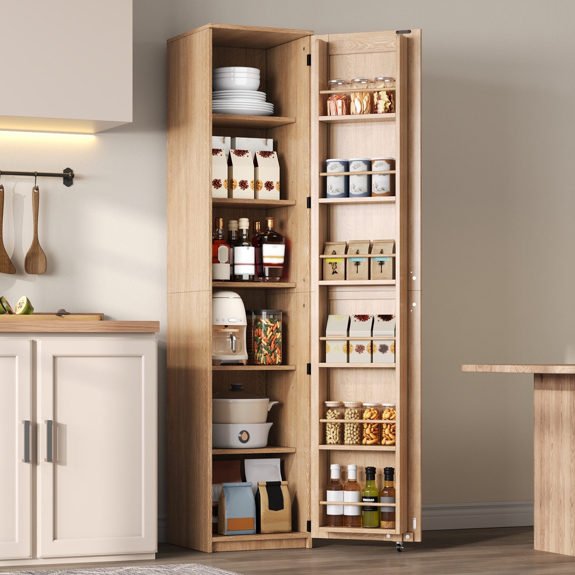 Flieks Hochschrank Vorratsschrank mit 6 Fächern, Türablagen, verstellbaren Einlegeböden (40x40x183 cm, 1-St., Highboard für Wohnzimmer, Esszimmer und Badezimmer) schmaler Küchenschrank Mehrzweckschrank 6 Ebenen Natur