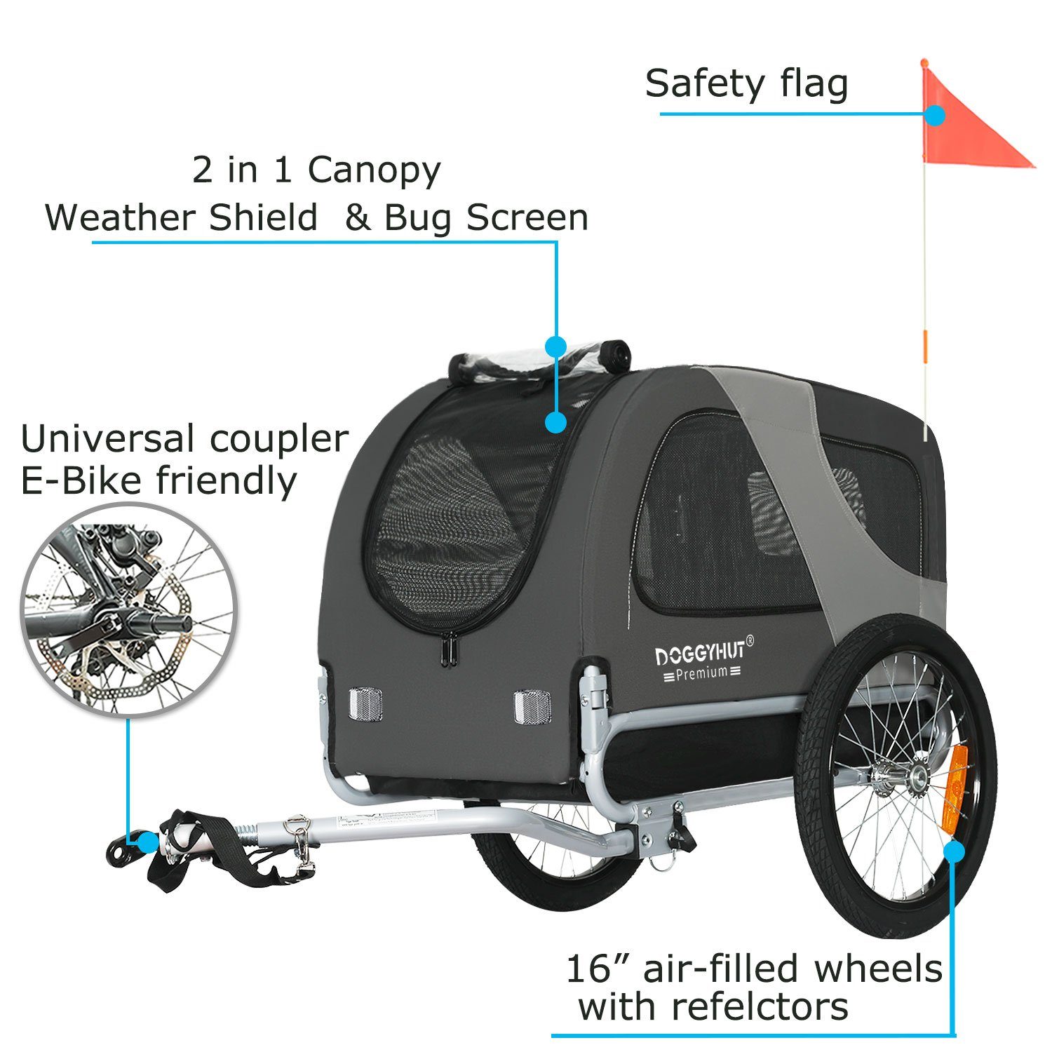 TIGGO Fahrradkinderanhänger DOGGYHUT® MEDIUM Hundefahrradanhänger Hundeanhänger Fahrradanhänger, Verstellbare Sicherheitsleine