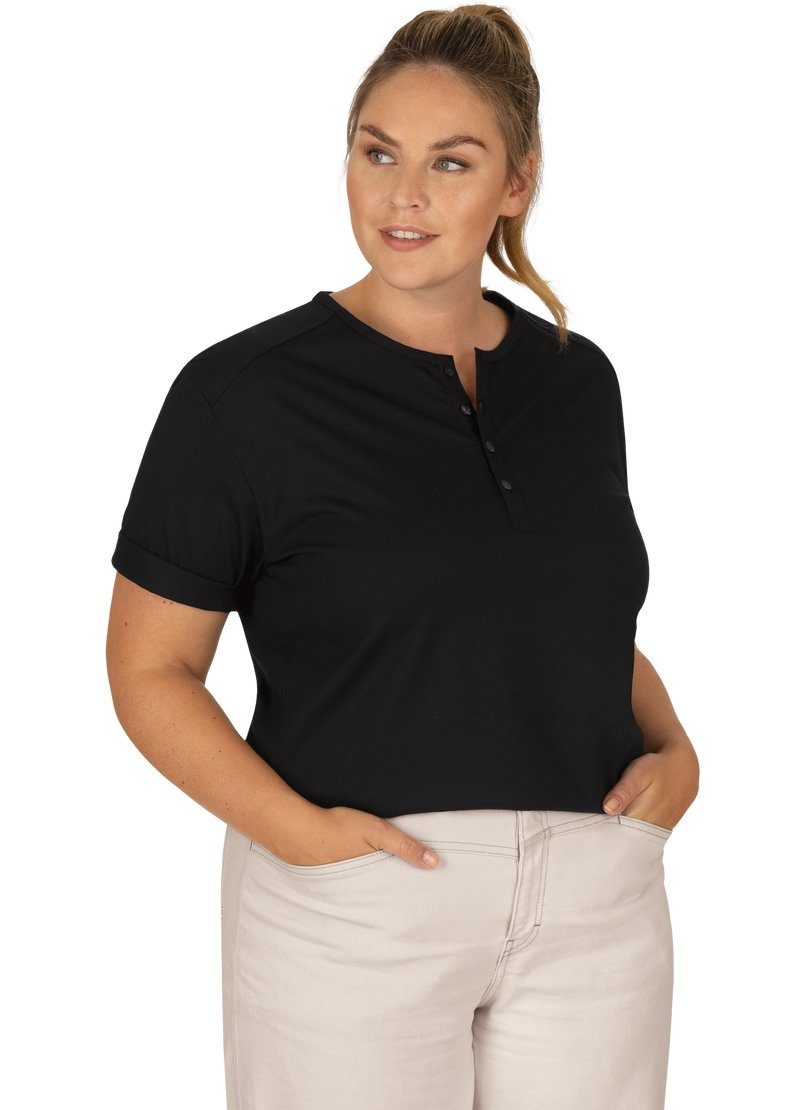 Trigema TRIGEMA schwarz mit DELUXE T-Shirt Baumwolle T-Shirt Knopfleiste