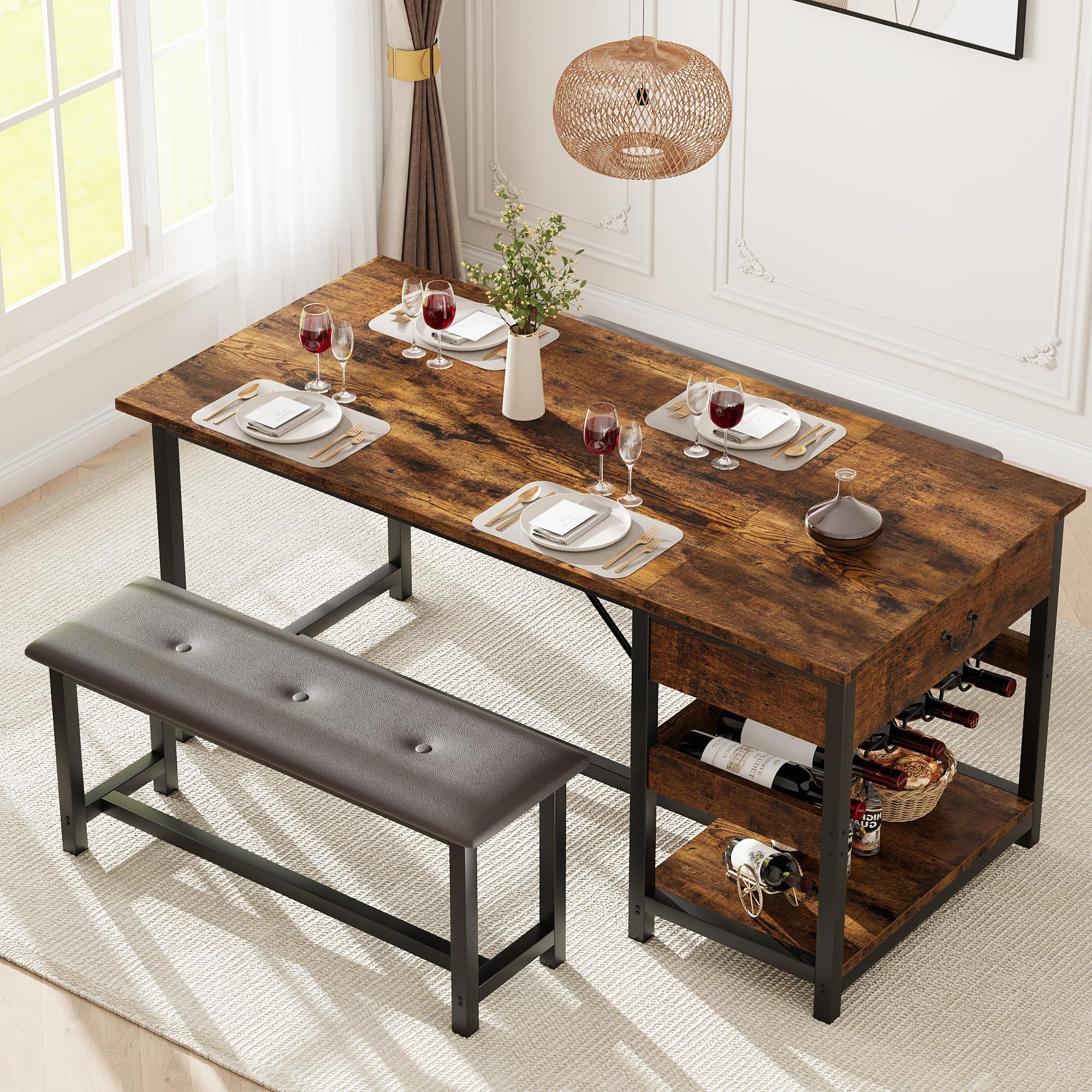 GarveeMore Essgruppe Esstisch mit 2 Bänken für 4 Personen mit Schubladen und Weinregal, Küchentisch 70.1 x 150.1 x 75.4 cm, 2 Bänke je 30.5 x 104.1 x 47.0 cm