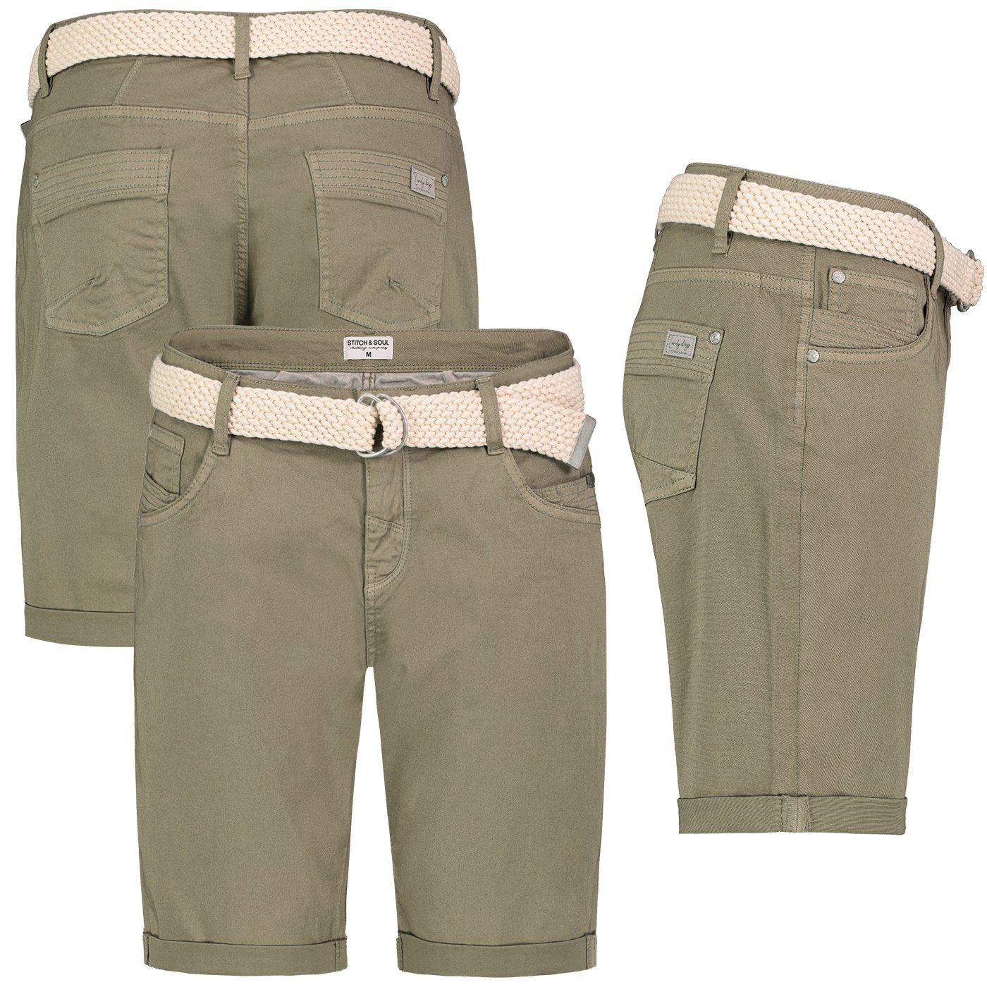 Stitch & Soul Stoff Chino Bermuda Short Damen Hose Gürtel washed olive. Hose kurze Bermudas Sommer mit