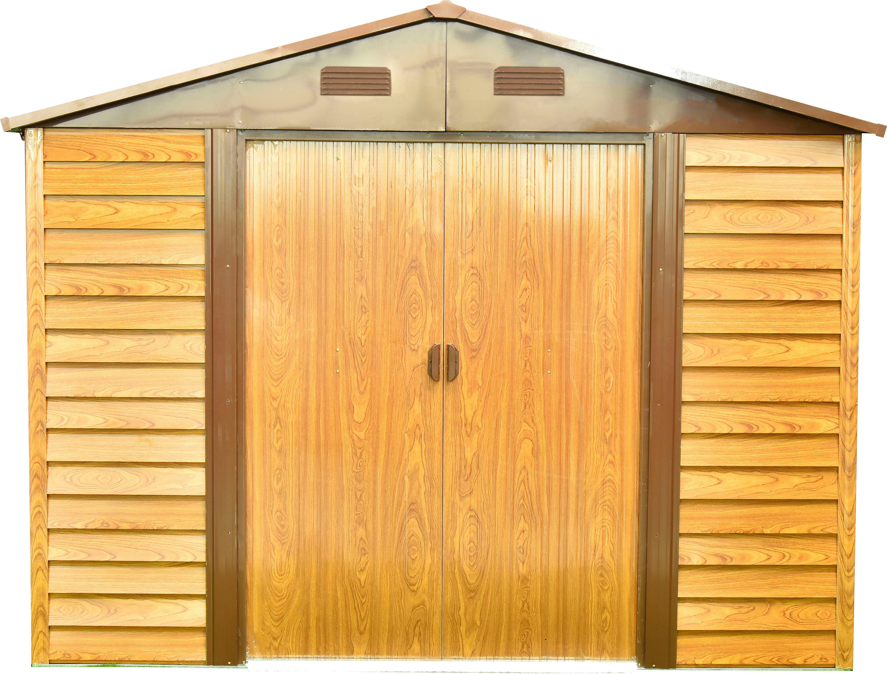 Pergart Gerätehaus Frankfurt II 911, BxT: 266x309 cm, Metall, mit Satteldach und integrierter Schiebetür im Blockhausstil