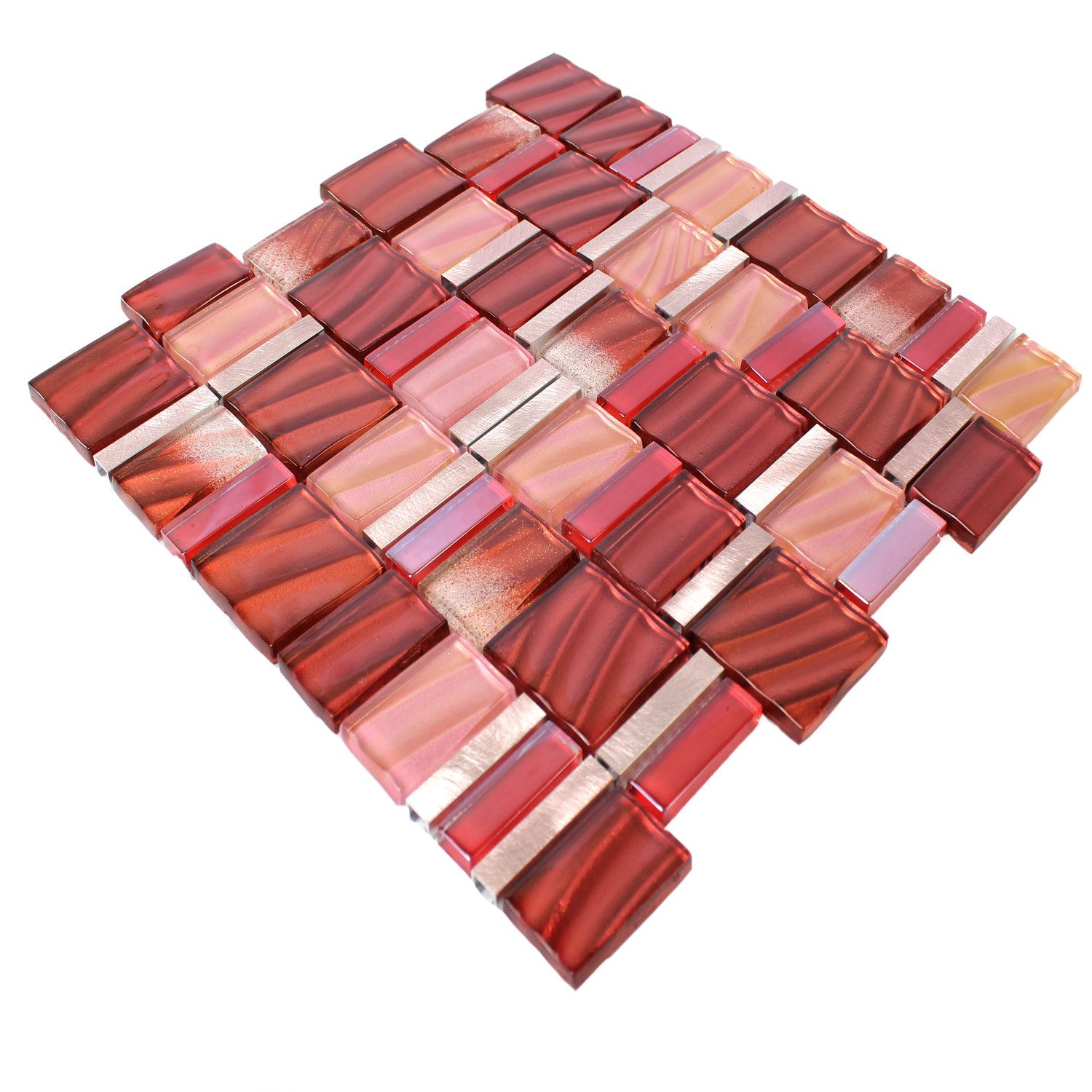 Mosafil Mosaikfliesen Glas Aluminium Mosaik Fliesen Prag, Glas-Metall-Aluminium 30.000x30.000, rot-silber-kupfer