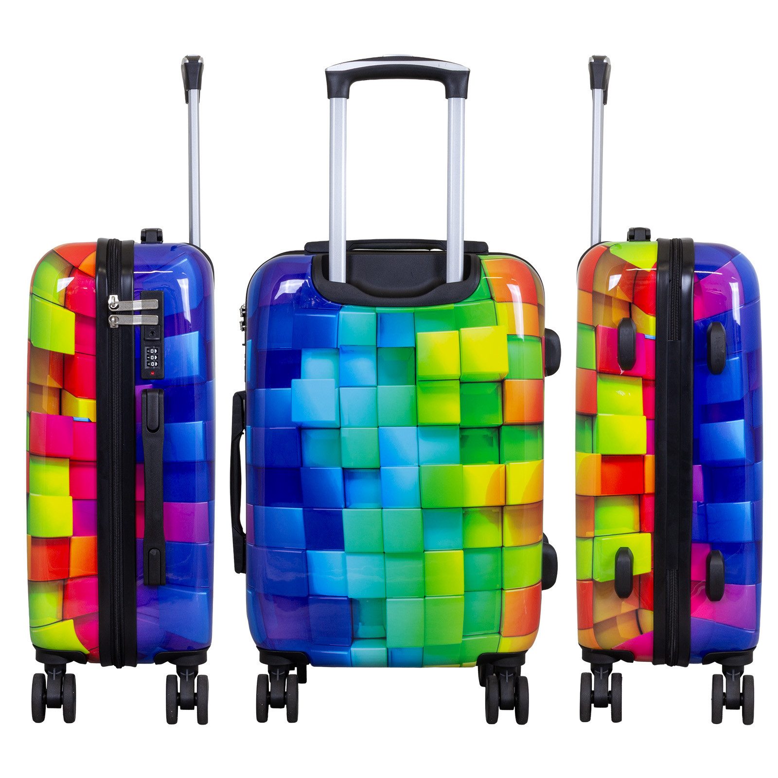 Trendyshop365 Hartschalen-Trolley Motivkoffer Mosaik mit mehrfarbigem 3D Druck, lieferbar in 3 Größen, 4 Rollen, Zahlenschloß, Polycarbonat, Dehnfalte