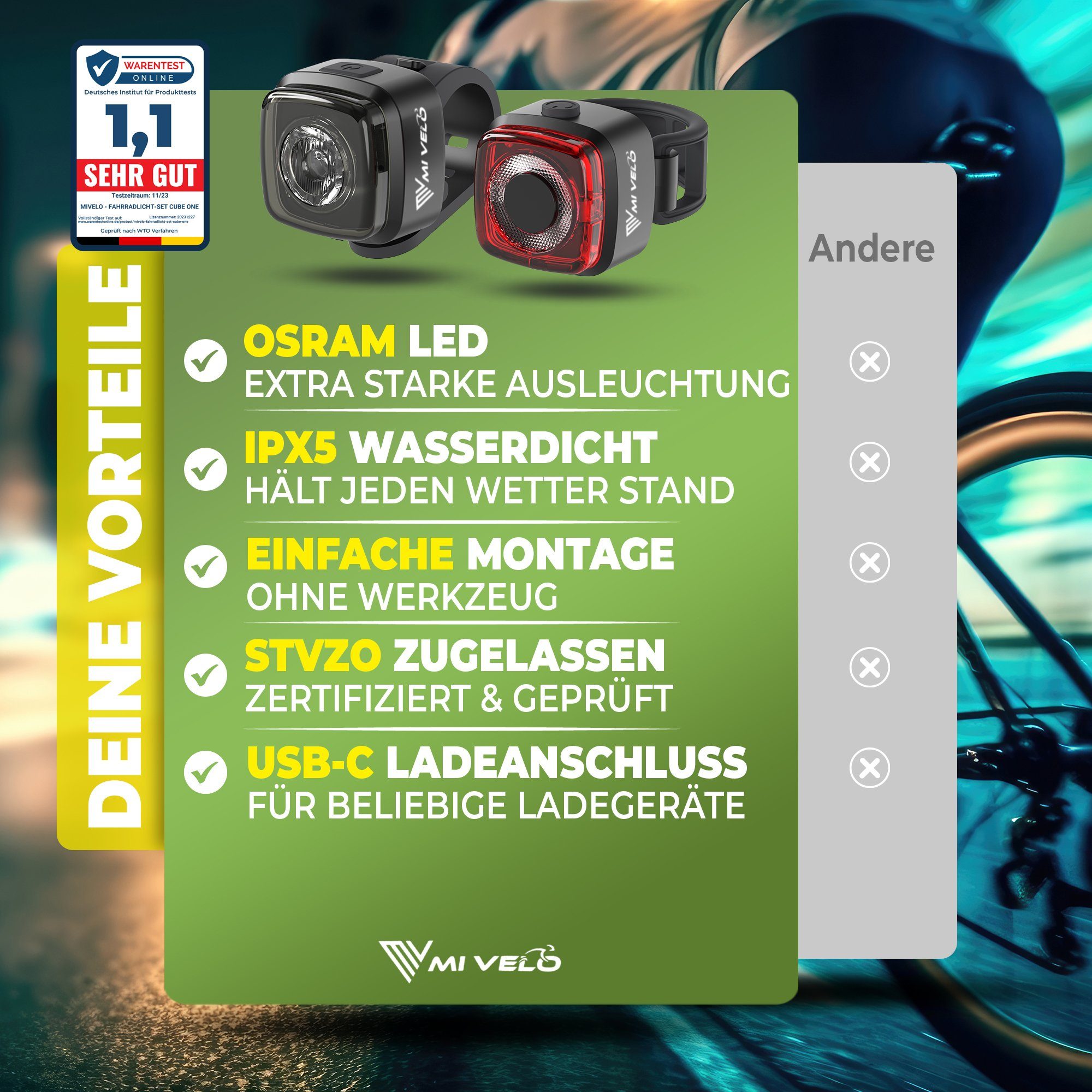 MIVELO Fahrradbeleuchtung CUBE Fahrradlicht Set LED - Akku USB aufladbar wasserdicht, OSRAM LED