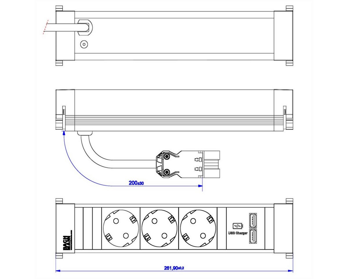 Thumbnail - Bachmann POWER FRAME Medium 3x Schutzkontakt 1xUSB Charger Einbau-Tischsteckdosenleiste (Kabellänge 0.2 m)