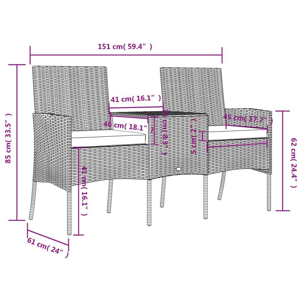 mit Loungesofa vidaXL Braun, 1 Teile Rattan Poly 2-Sitzer Gartensofa Teetisch