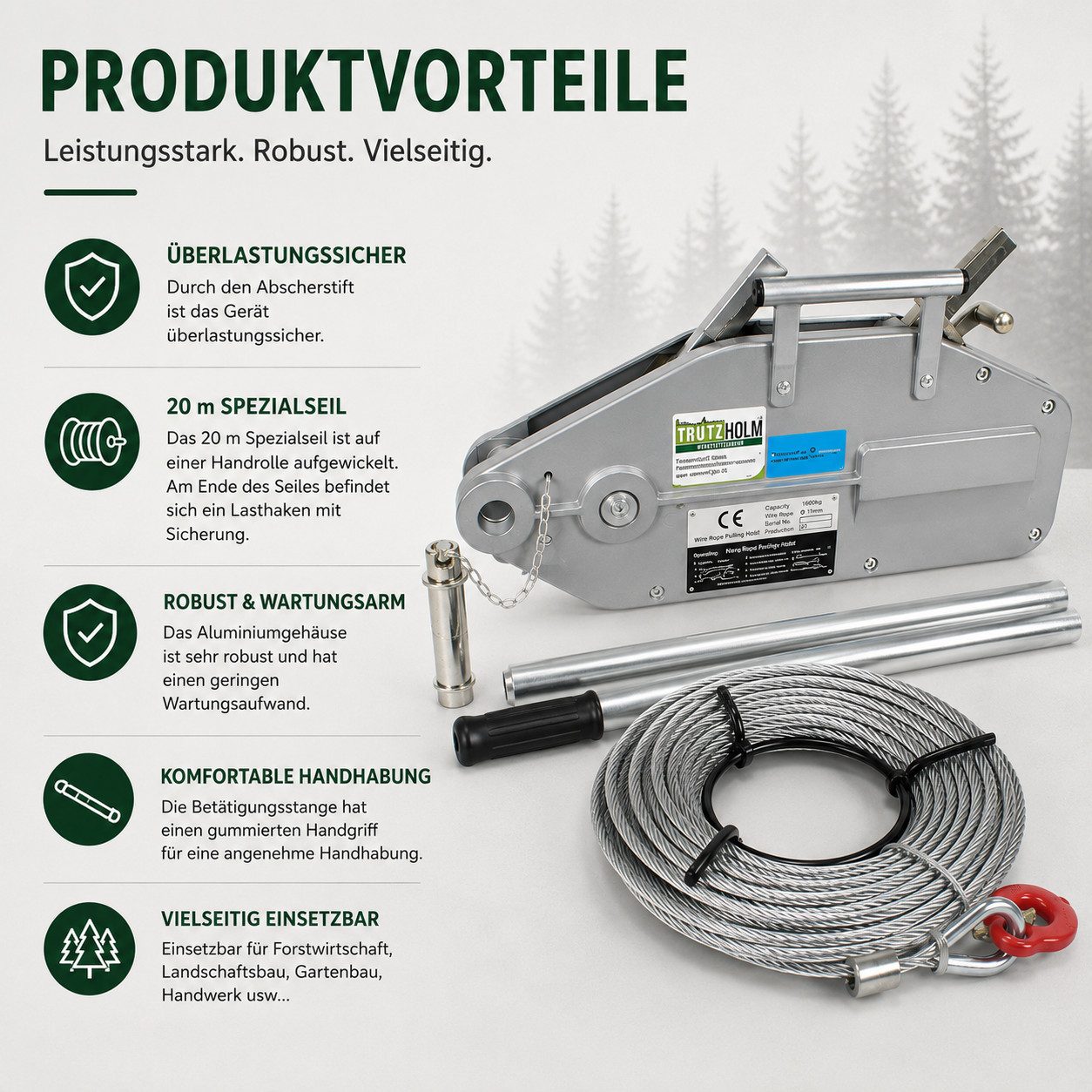 TRUTZHOLM Seilwinde Seilzug 1600kg Greifzug Seilwinde Forstseilwinde Offroad Winde 1,6 t, (1-St), Überlastungsschutz,Gummierter Handgriff – Bild 5 von 5