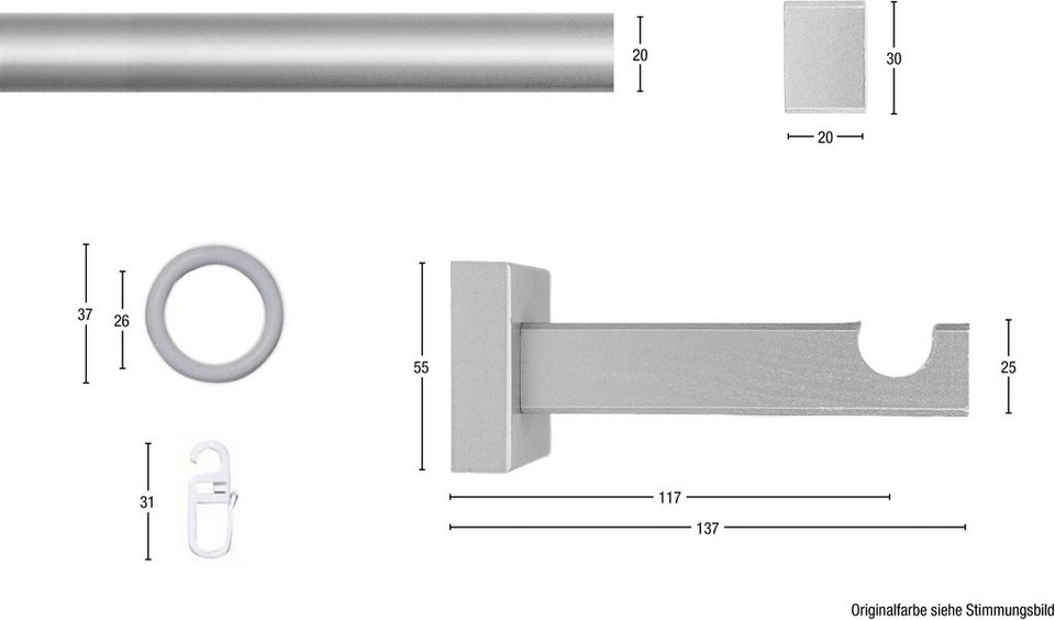 Gardinenstange CUBUS, GARESA, Ø 20 mm, 1-läufig, Wunschmaßlänge, verschraubt,  Vorhanggarnitur, verlängerbar, Endkappe, mit Ringe | Gardinenstangen