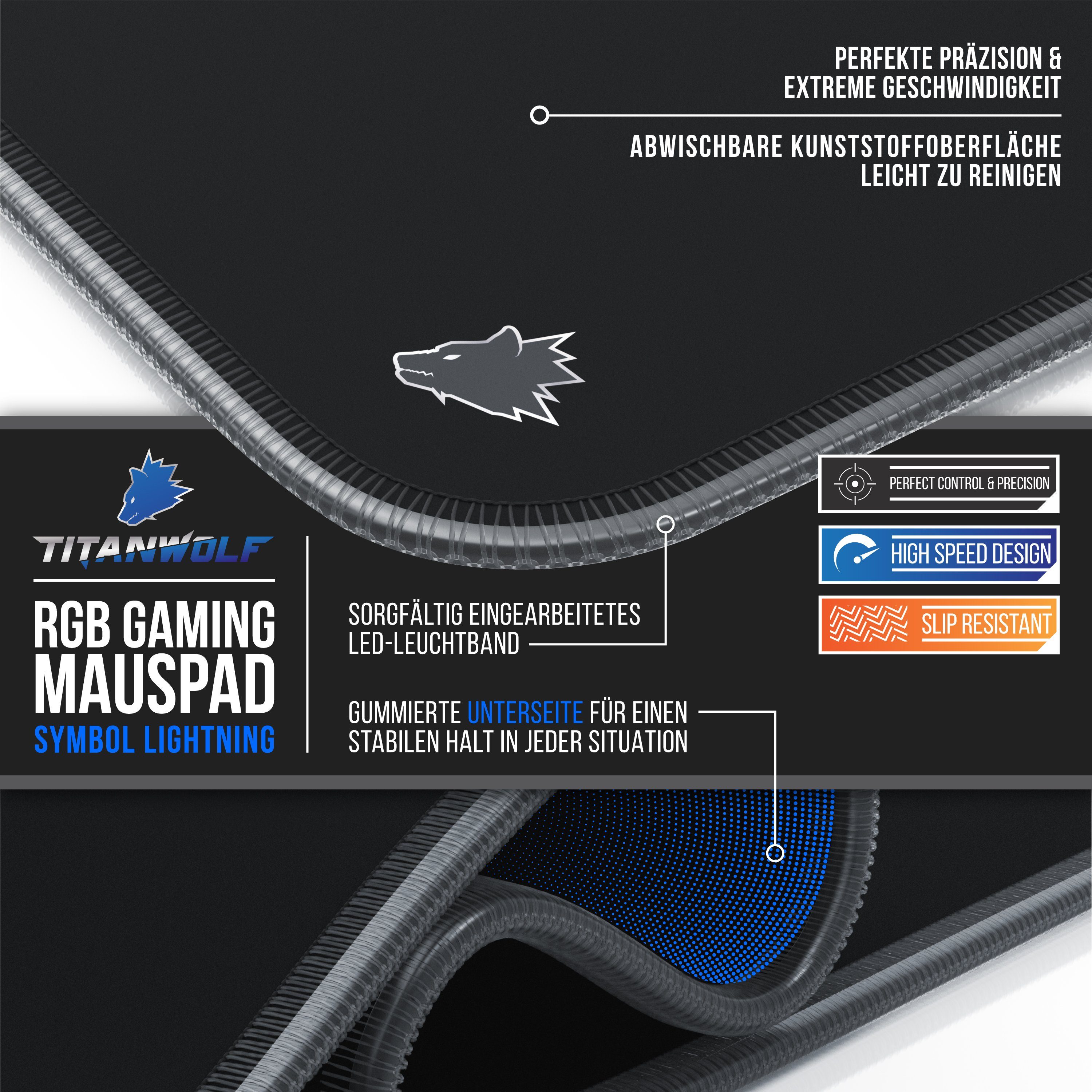 Titanwolf Gaming Mauspad RGB Mousepad 1200 x 600 x 3 mm, LED Multi Color XXXL Tischunterlage, rutschfest, abwaschbar, Geschwindigkeit & Präzision, Symbol grau