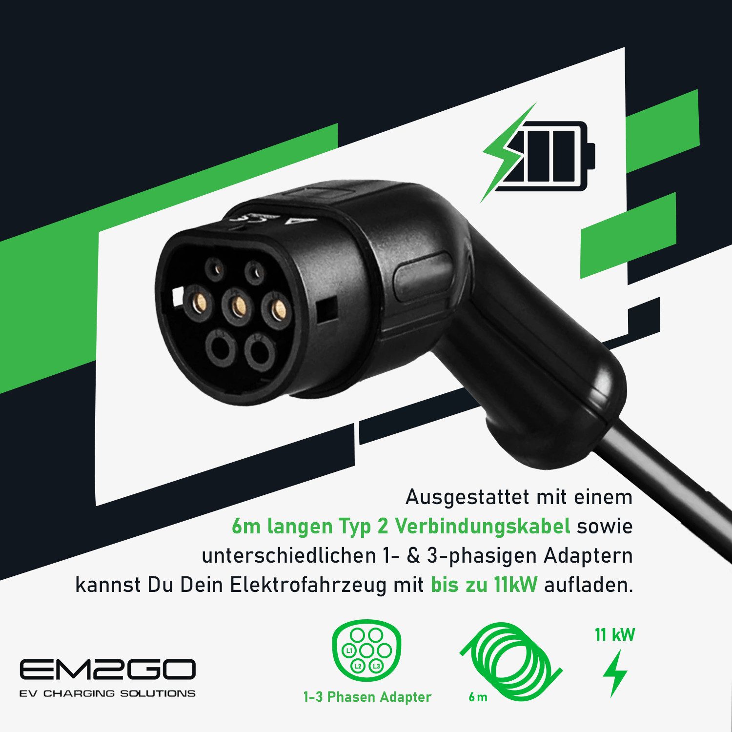 EM2GO Mobiles EV Ladekabel 16kW Typ2 LCD 3 Phasen IP66 Elektroauto-Ladegerät